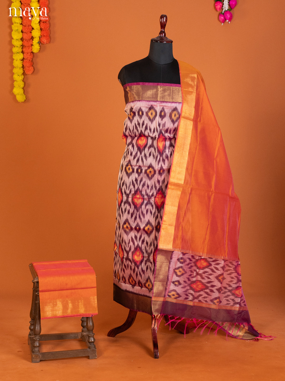 Lavender & Orange-Pochampally Salwar Unstitch