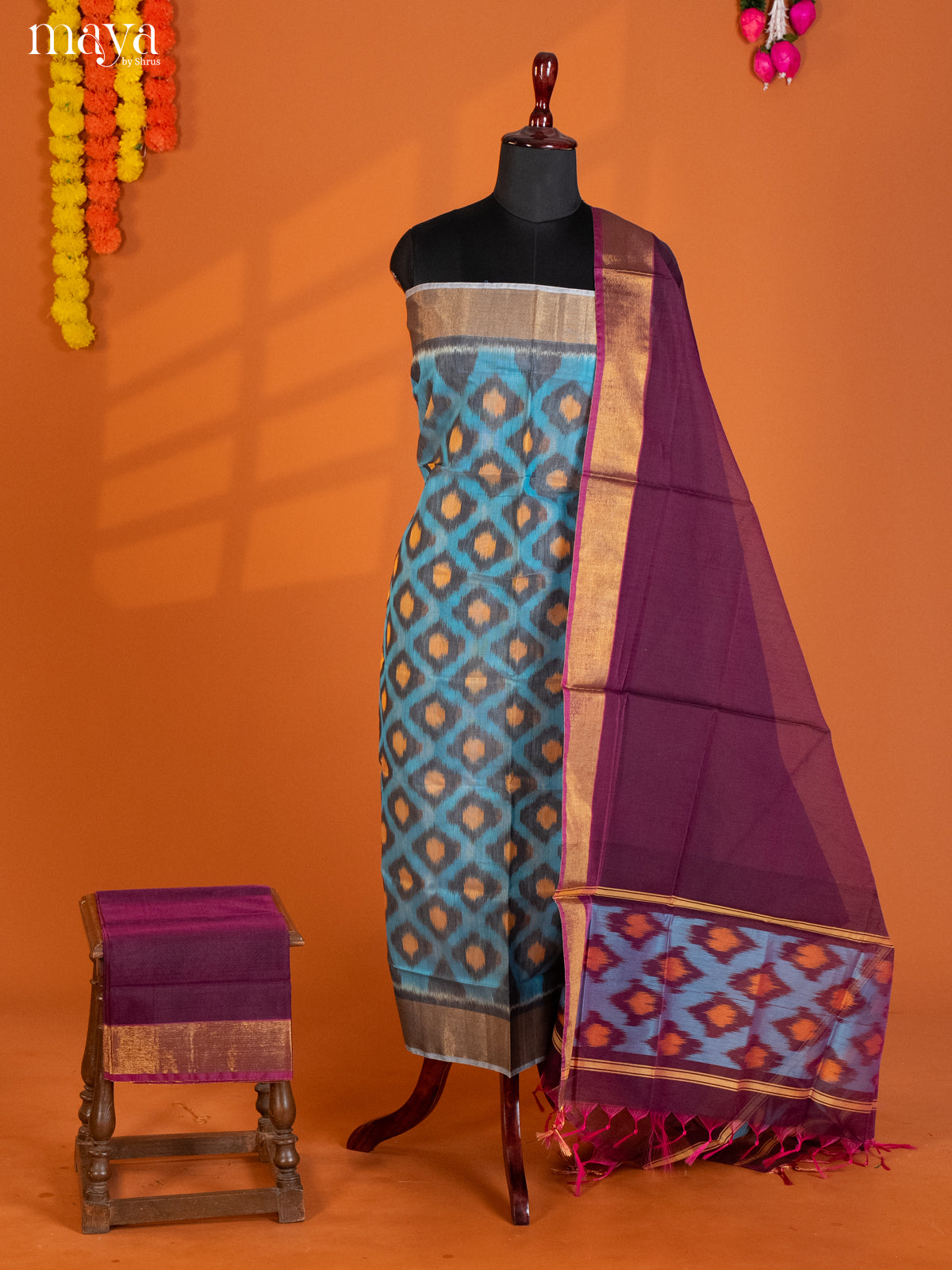 Blue & Purple-Pochampally Salwar Unstitch