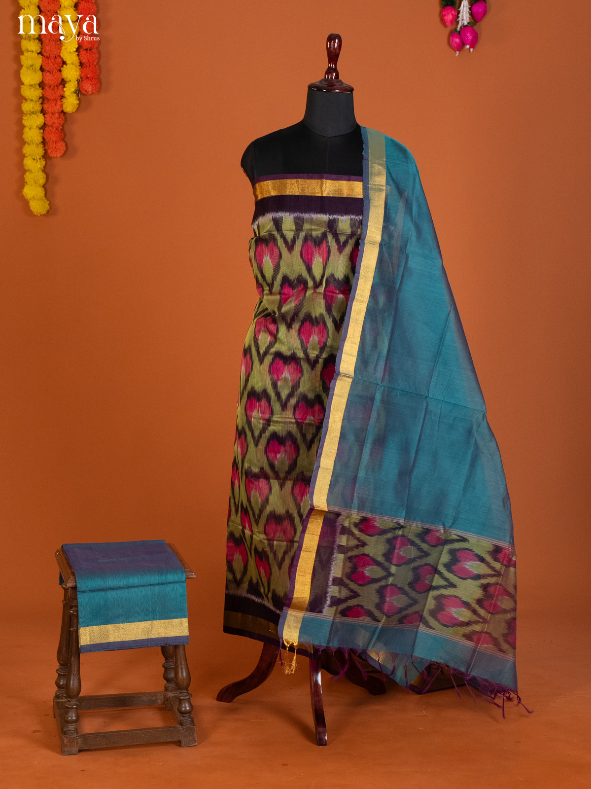 Light Green & Blue-Pochampally Salwar Unstitch