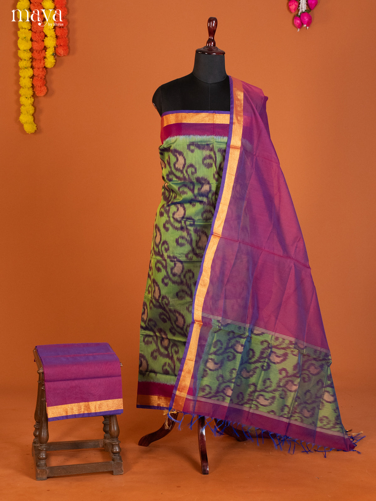 Green & Purple-Pochampally Salwar Unstitch