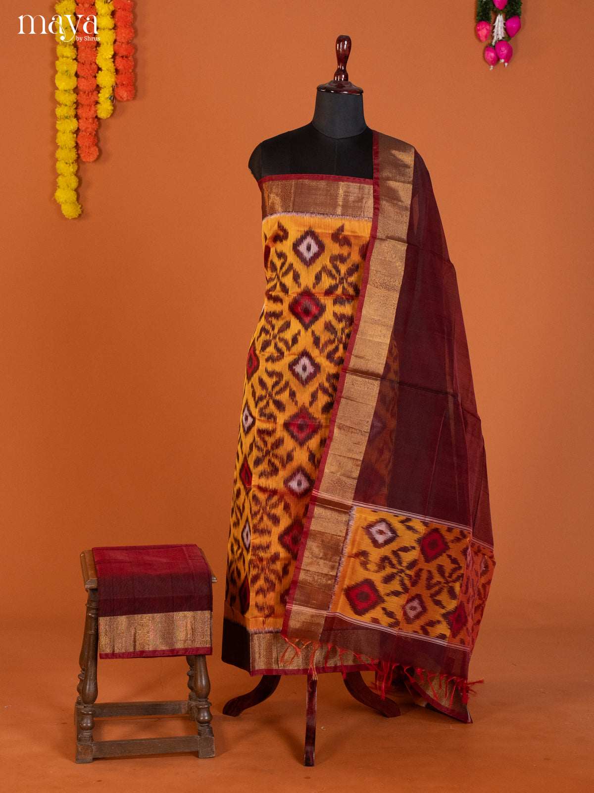 Mustard & Maroon-Pochampally Salwar Unstitch