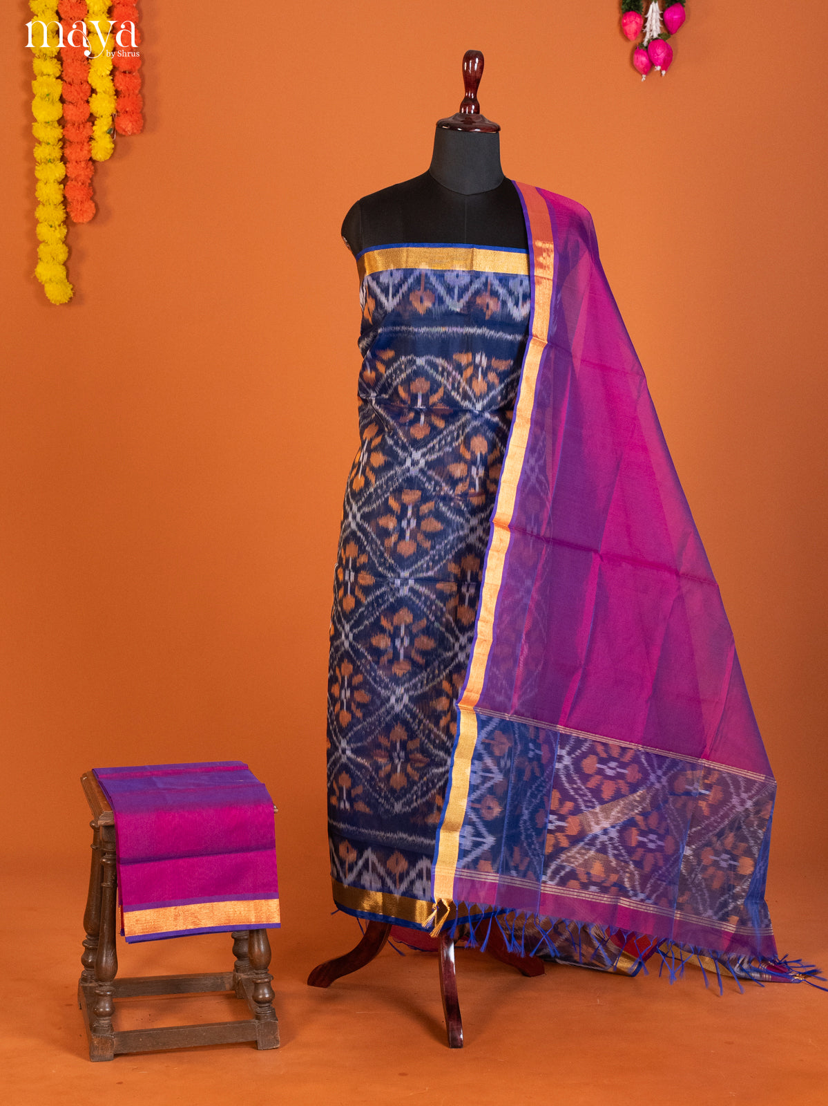 Blue & Purple-Pochampally Salwar Unstitch