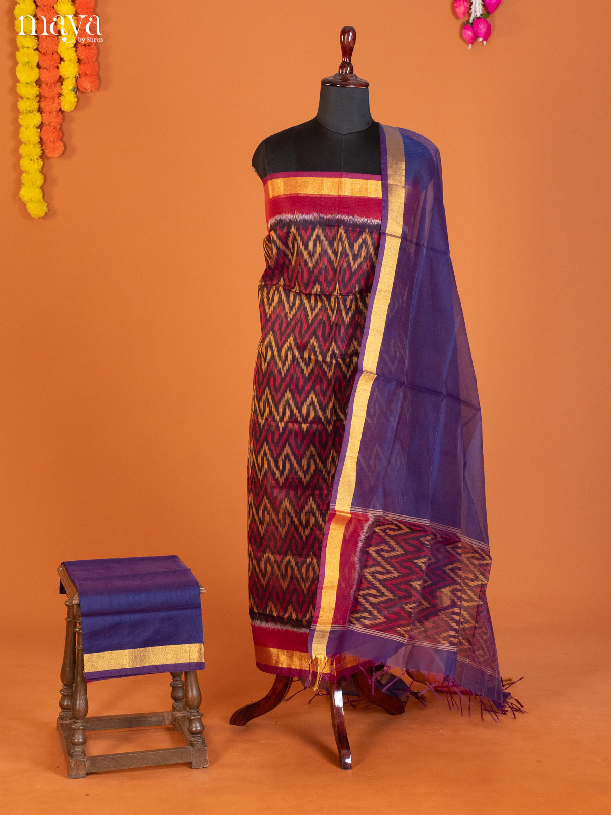 Maroon & Blue -Pochampally Salwar Unstitch