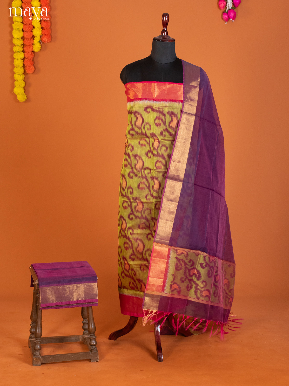 Mustardy Green & Purple -Pochampally Salwar Unstitch