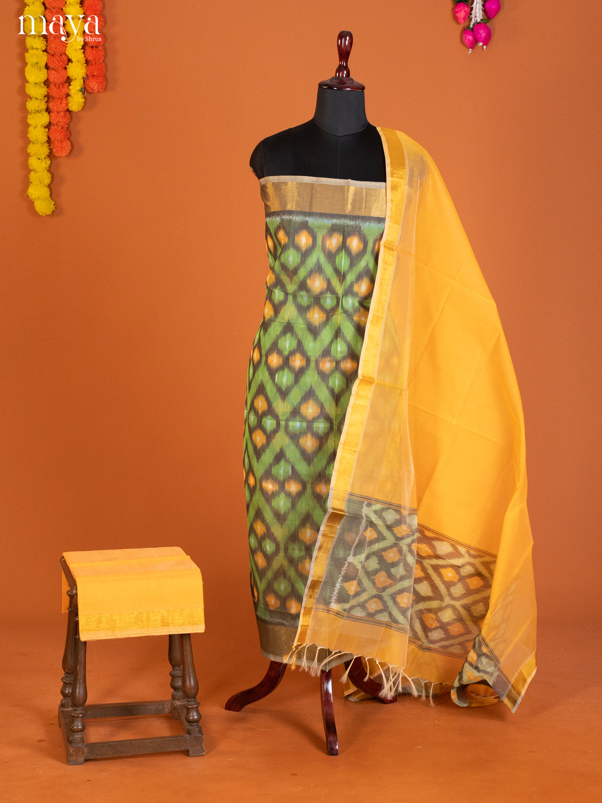 Green & Yellow-Pochampally Salwar Unstitch