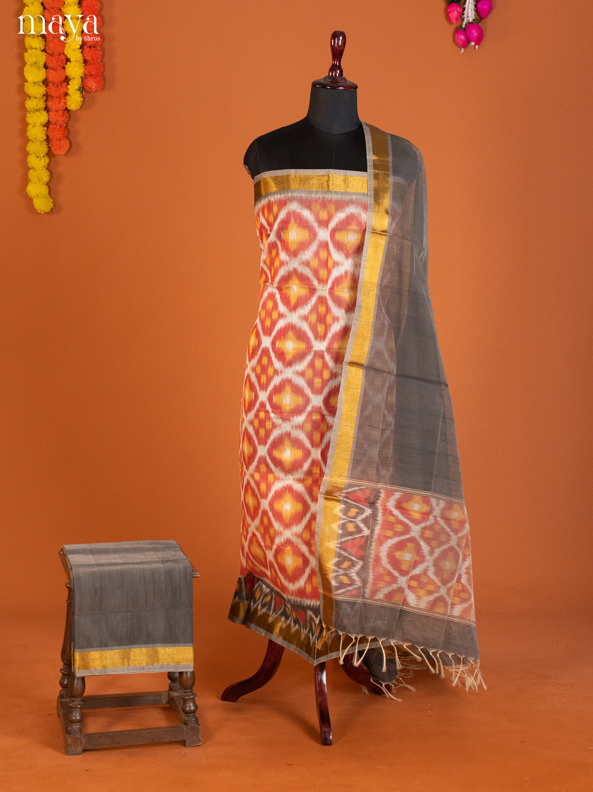 Red & Grey -Pochampally Salwar Unstitch