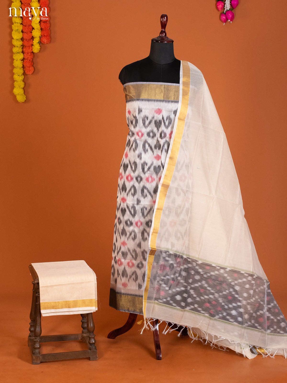 White & Grey-Pochampally Salwar Unstitch
