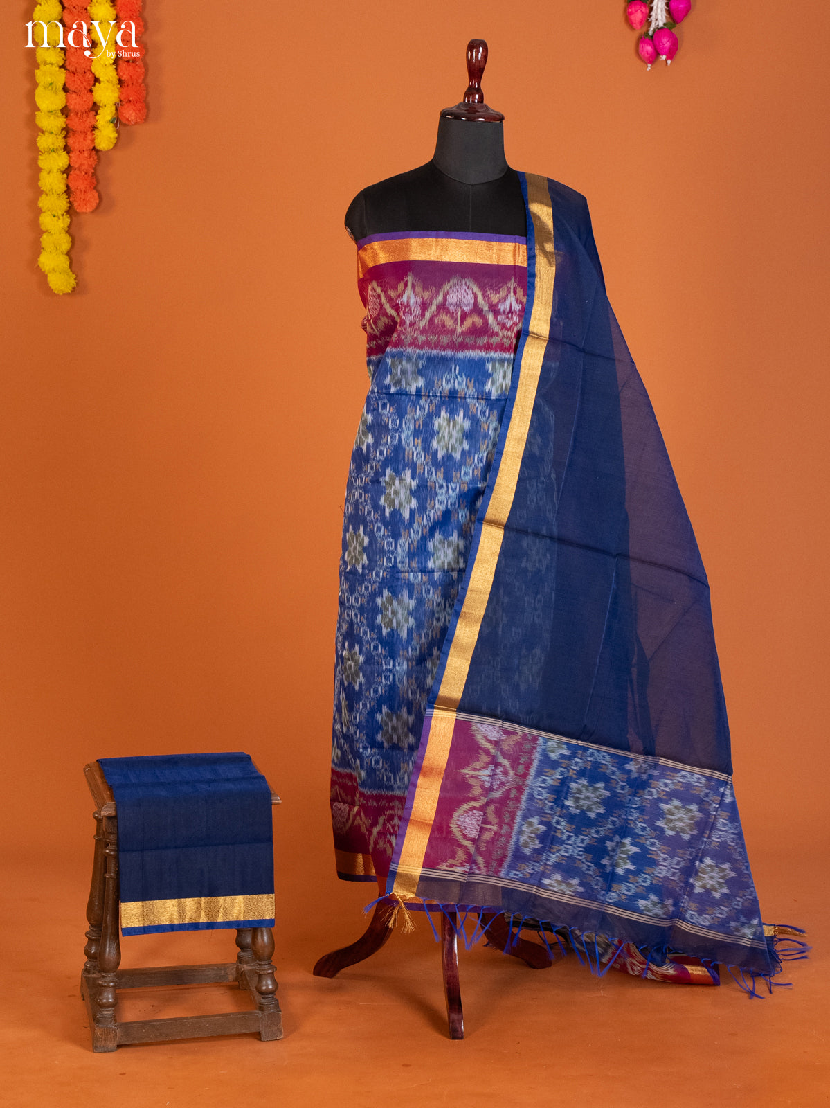 Blue & Maroon-Pochampally Salwar Unstitch