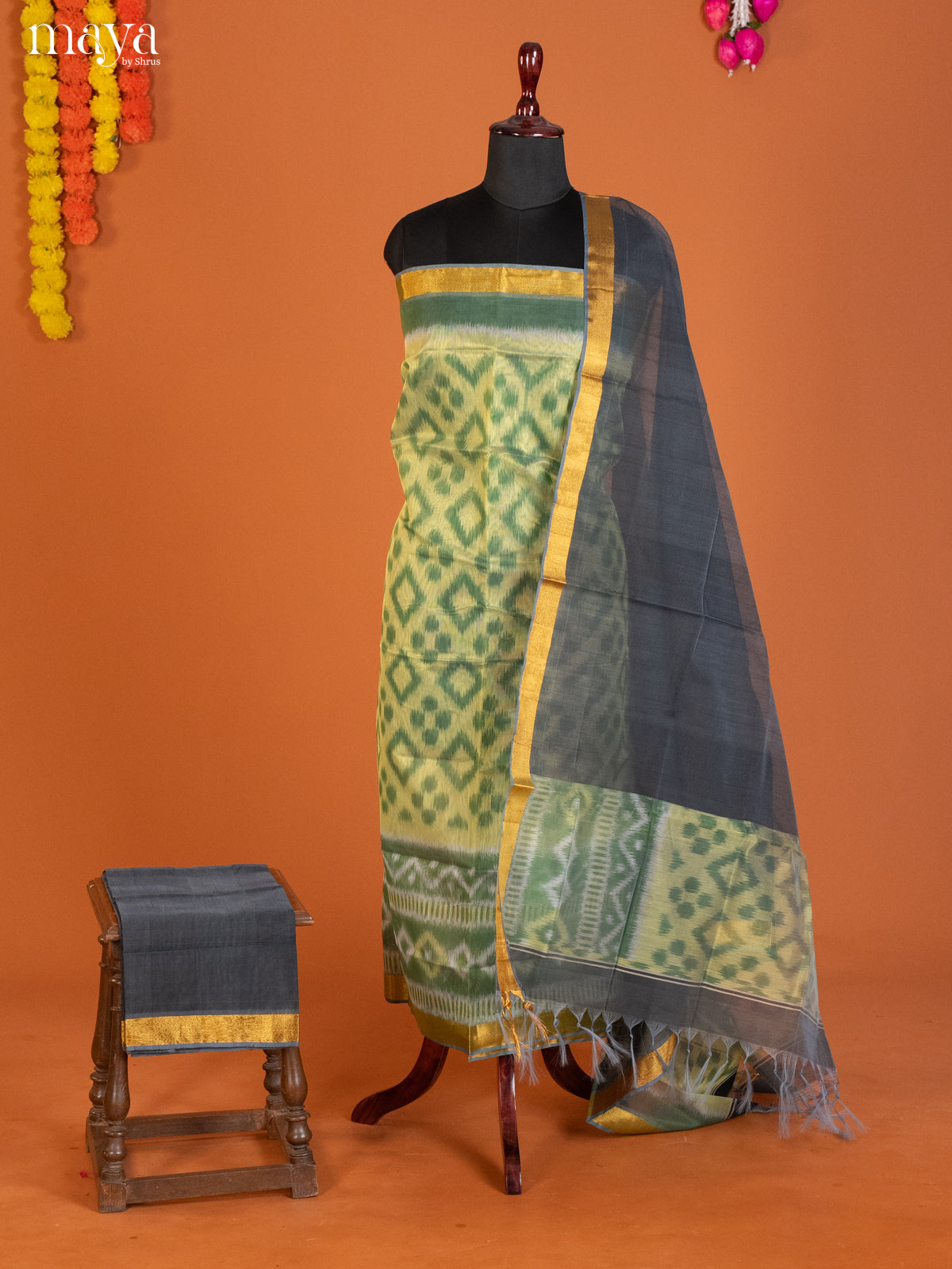 Light Green & Grey -Pochampally Salwar Unstitch