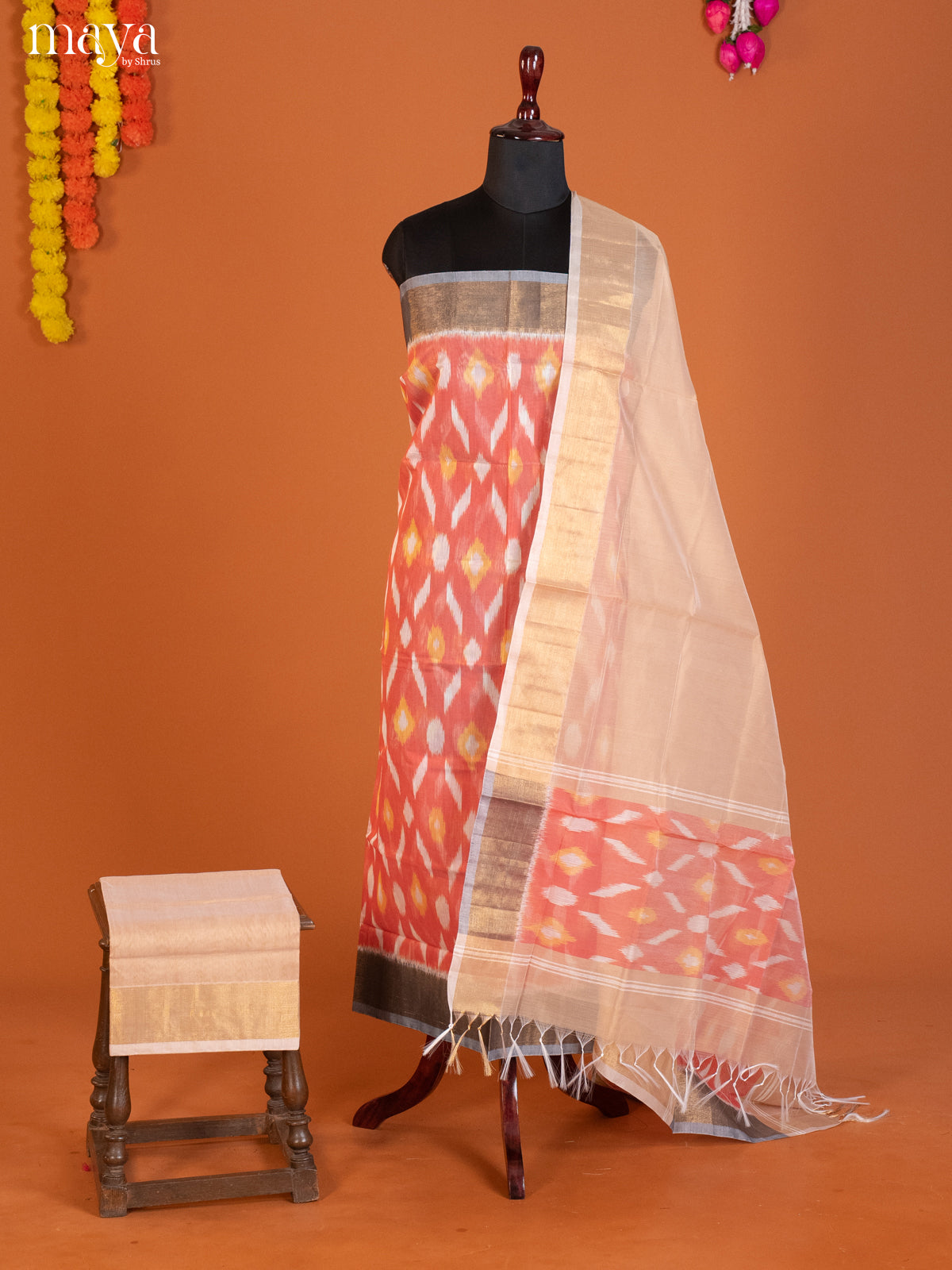 Orangish Peach & Cream -Pochampally Salwar Unstitch