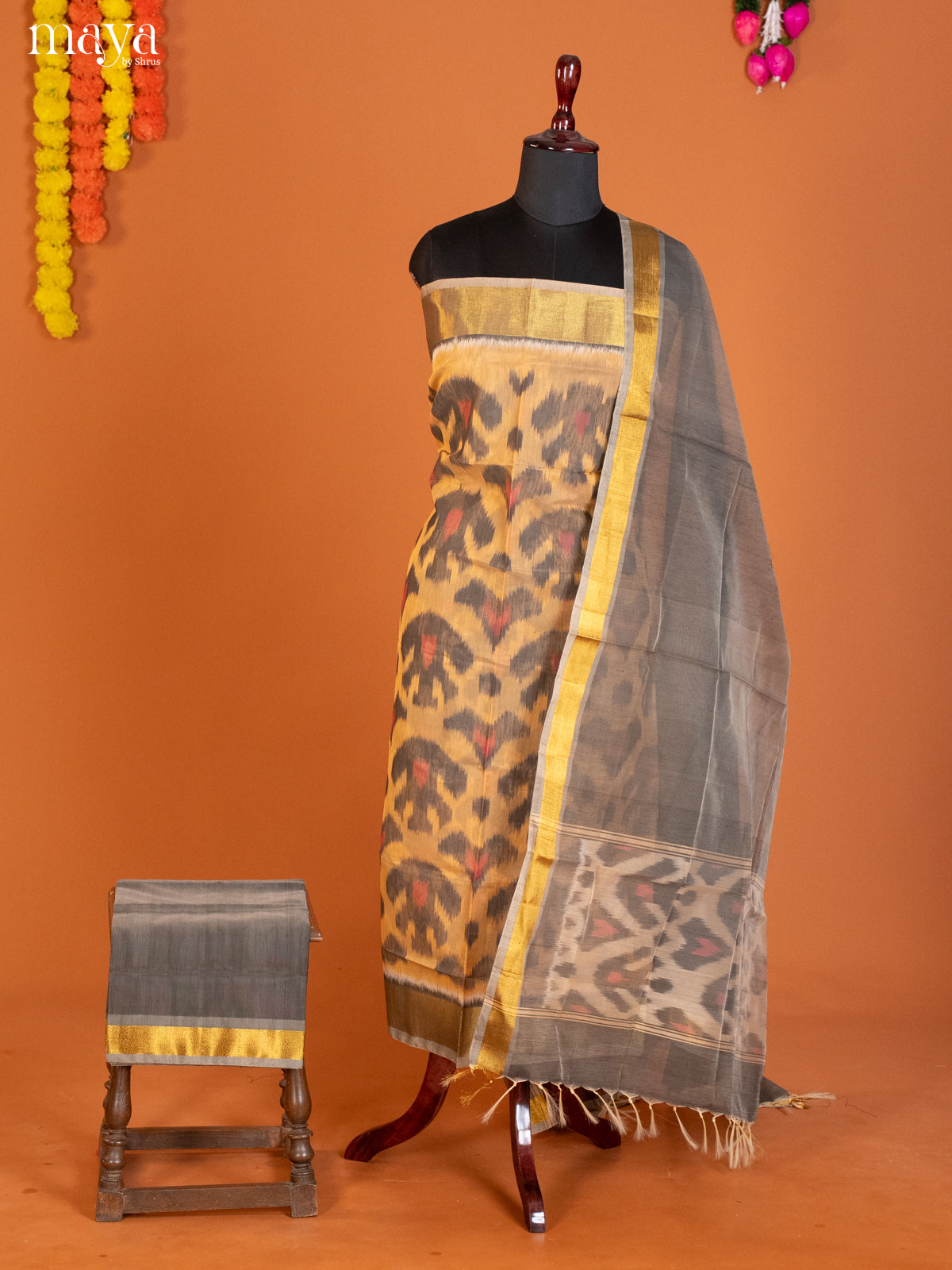 Sandal & Grey -Pochampally Salwar Unstitch