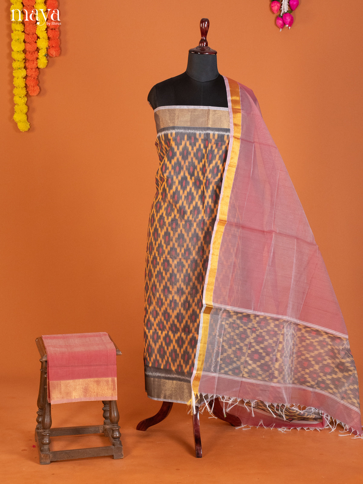 Mustard & Onion Pink-Pochampally Salwar Unstitch