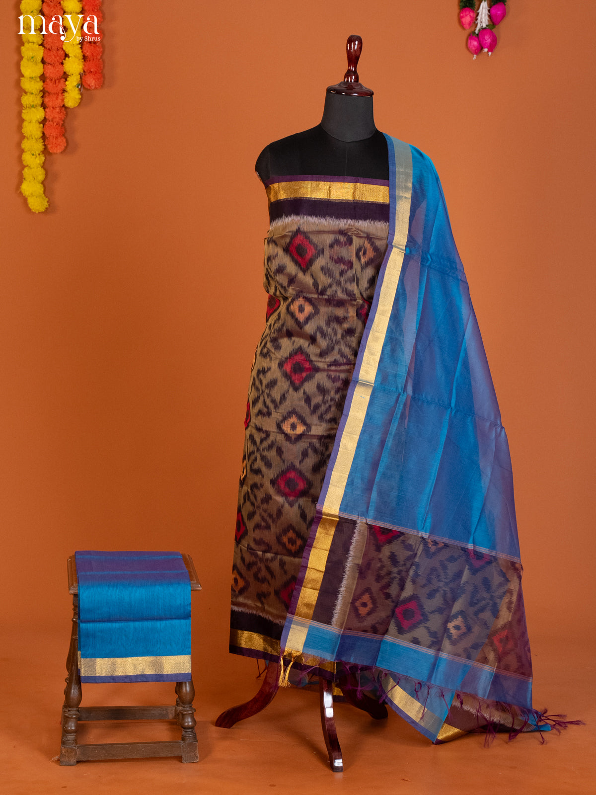 Light Brown & Blue-Pochampally Salwar Unstitch