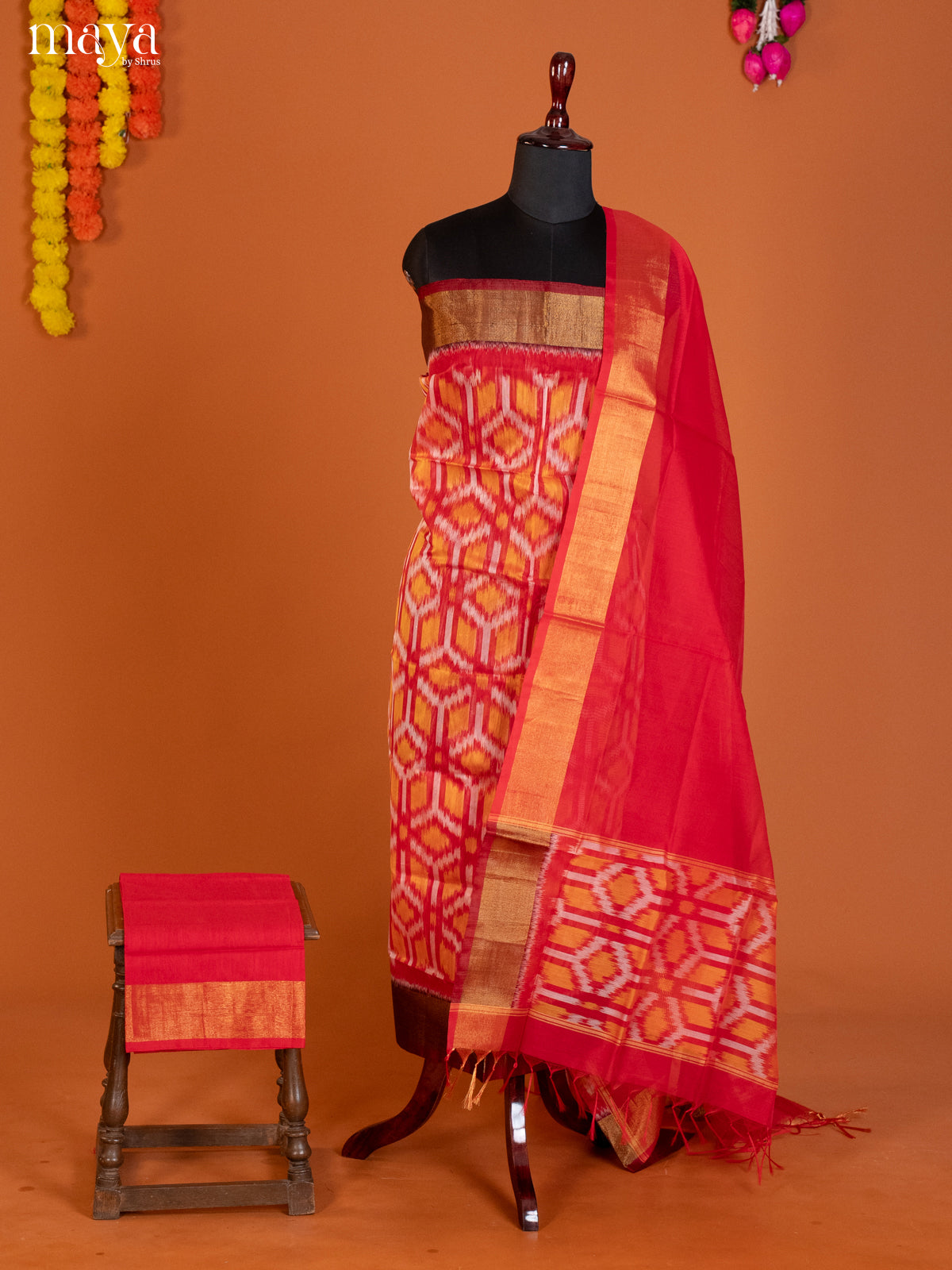 Red & Mustard -Pochampally Salwar Unstitch