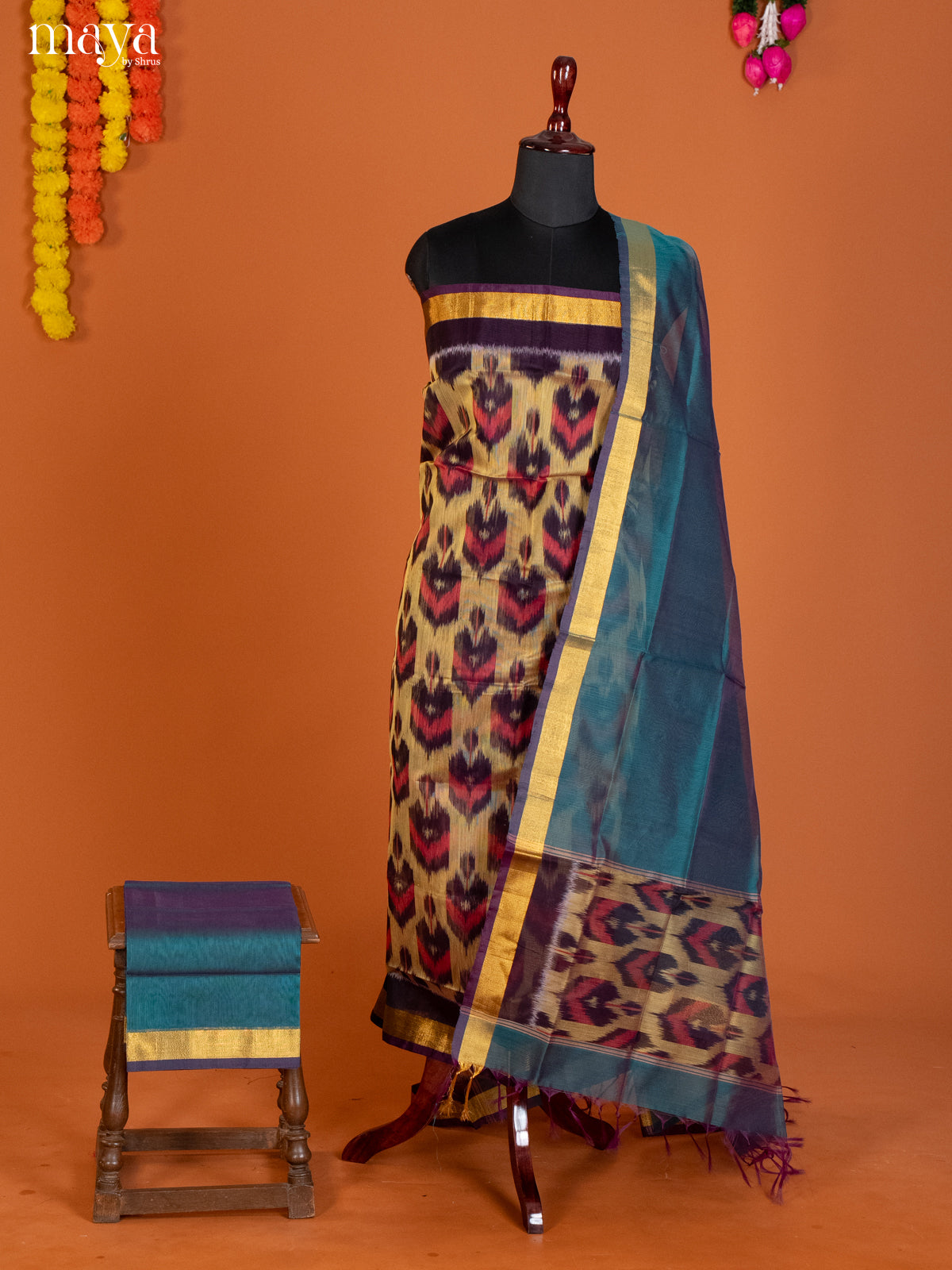 Sandal & Blue-Pochampally Salwar Unstitch