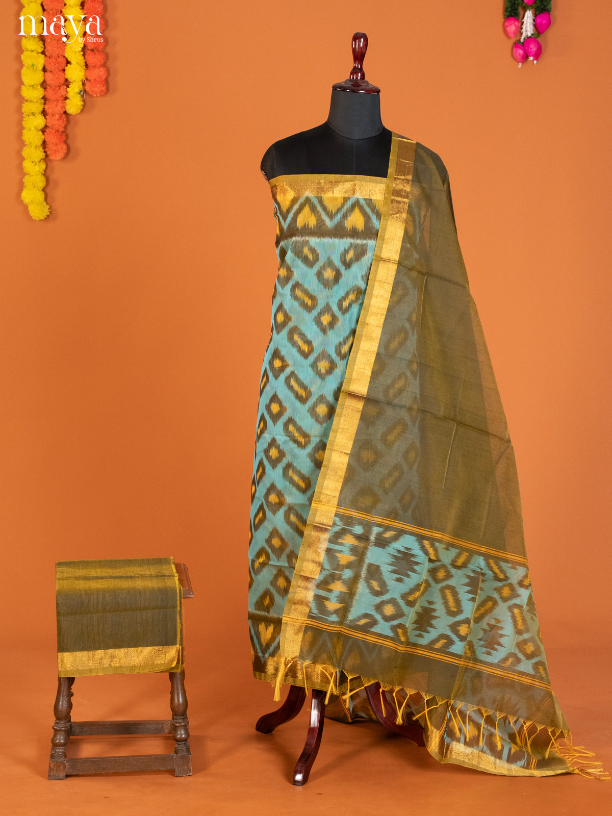 Sea Blue & Green-Pochampally Salwar Unstitch