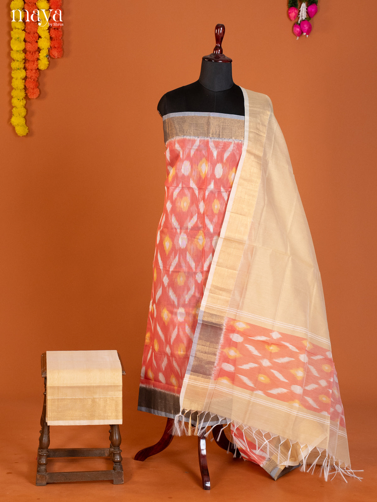 Peach & Cream-Pochampally Salwar Unstitch