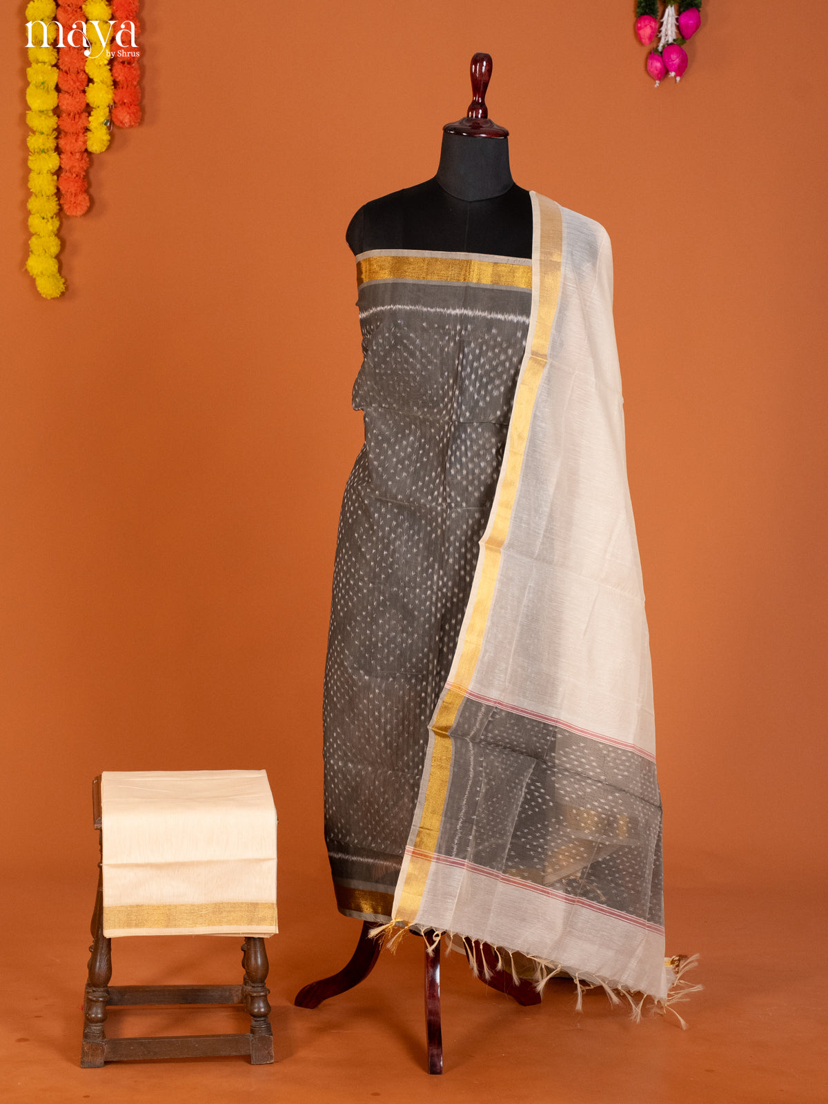 Grey & Cream-Pochampally Salwar Unstitch