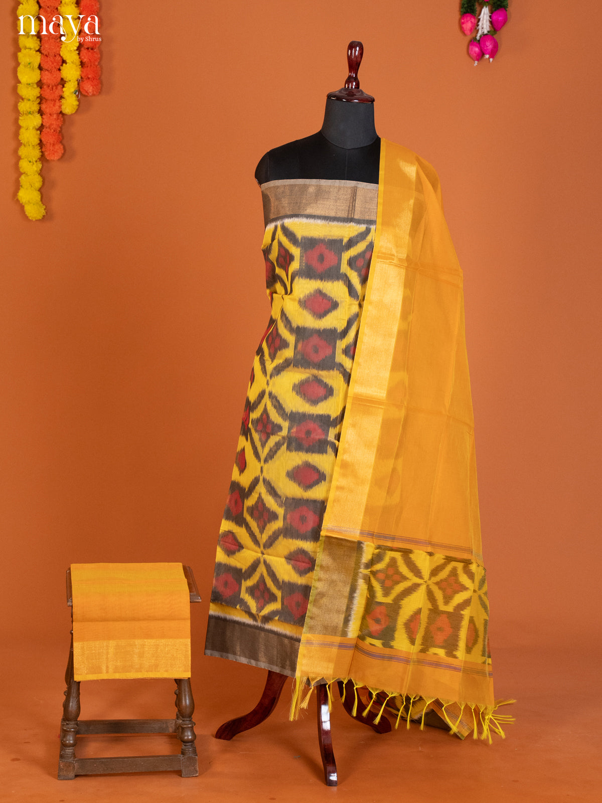 Yellow & Mustard-Pochampally Salwar Unstitch