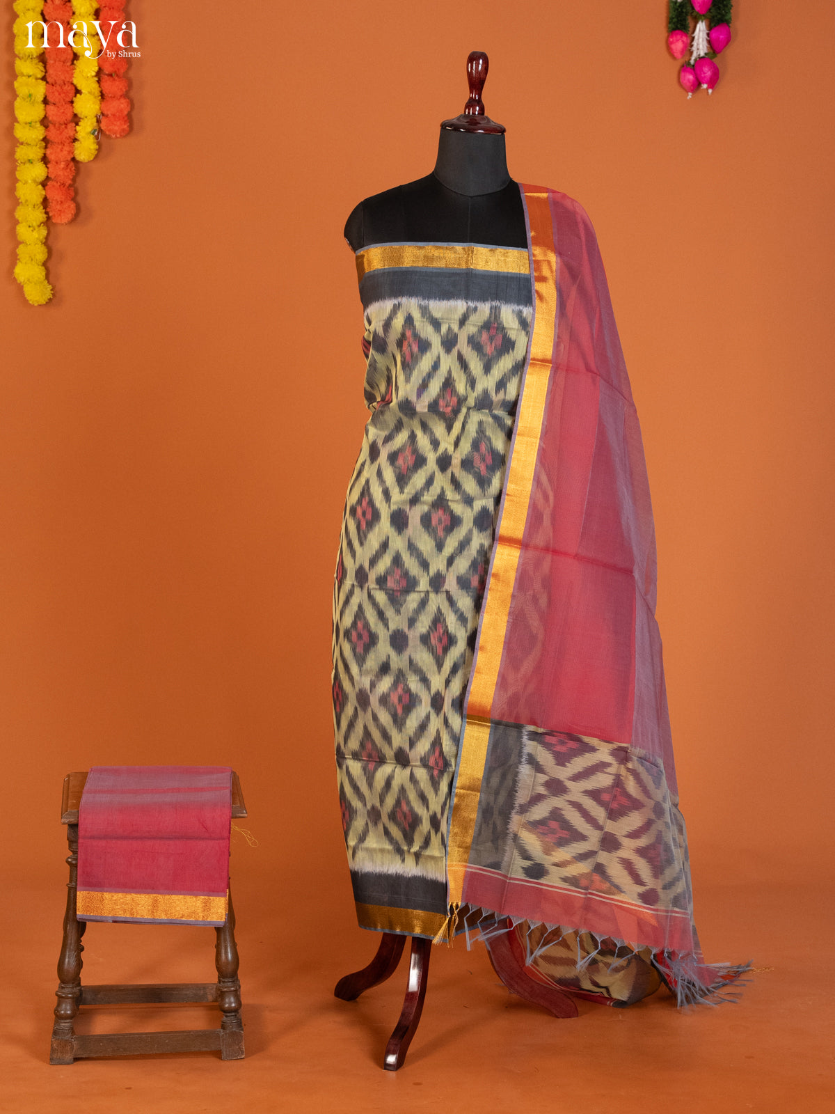Green & Maroon-Pochampally Salwar Unstitch