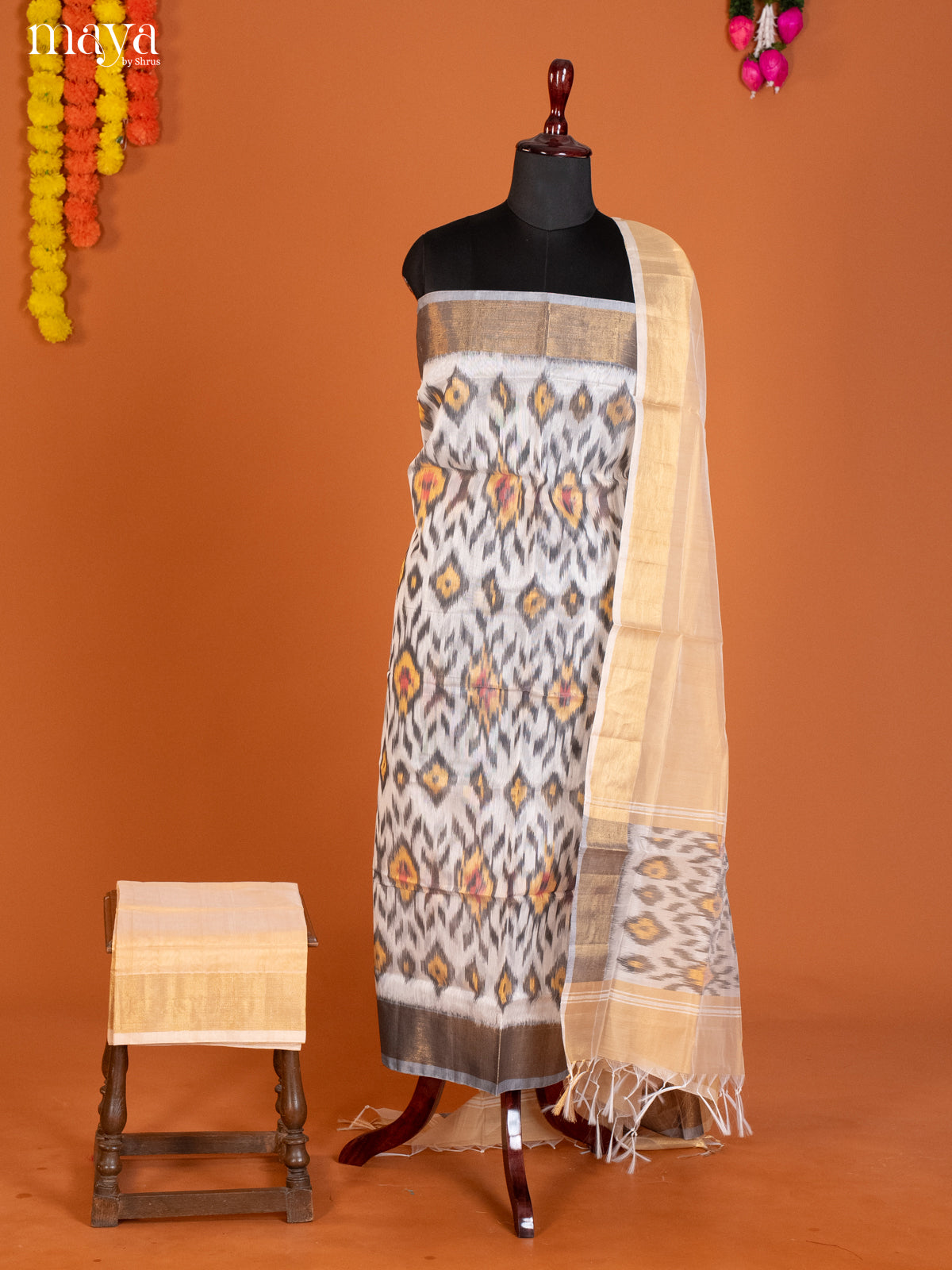 White & Cream-Pochampally Salwar Unstitch