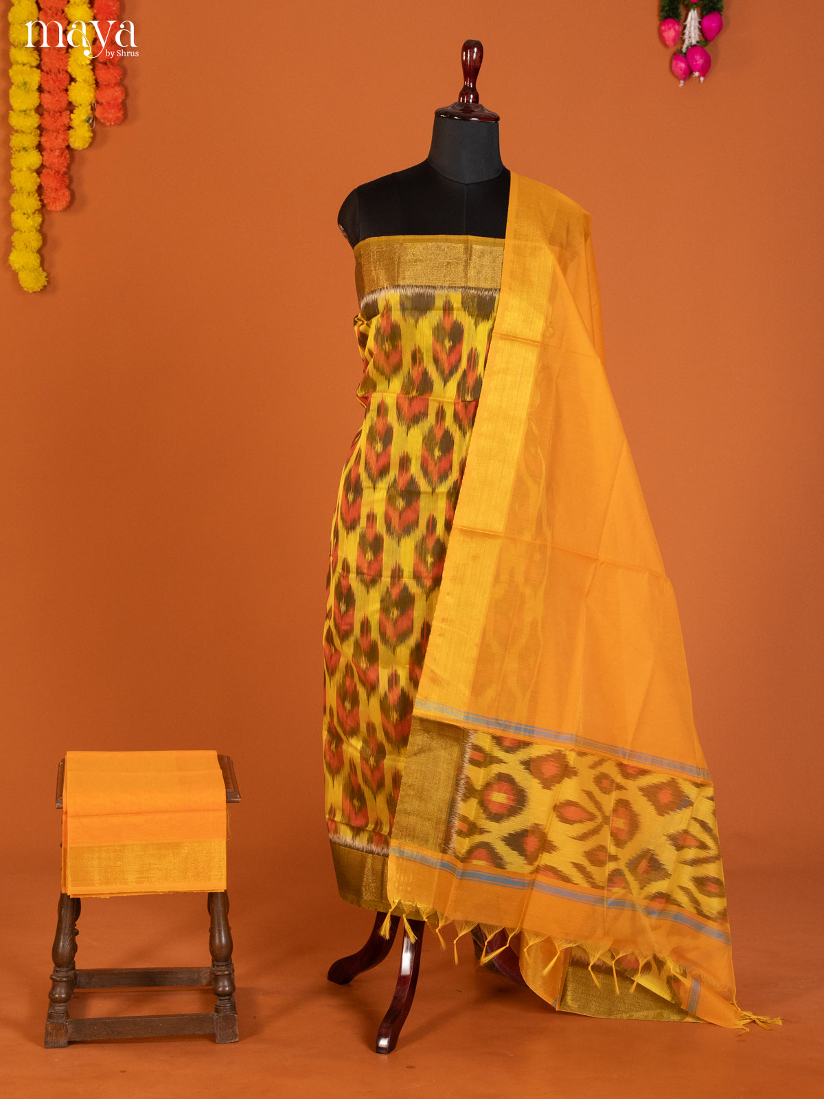 Yellow & Orange-Pochampally Salwar Unstitch