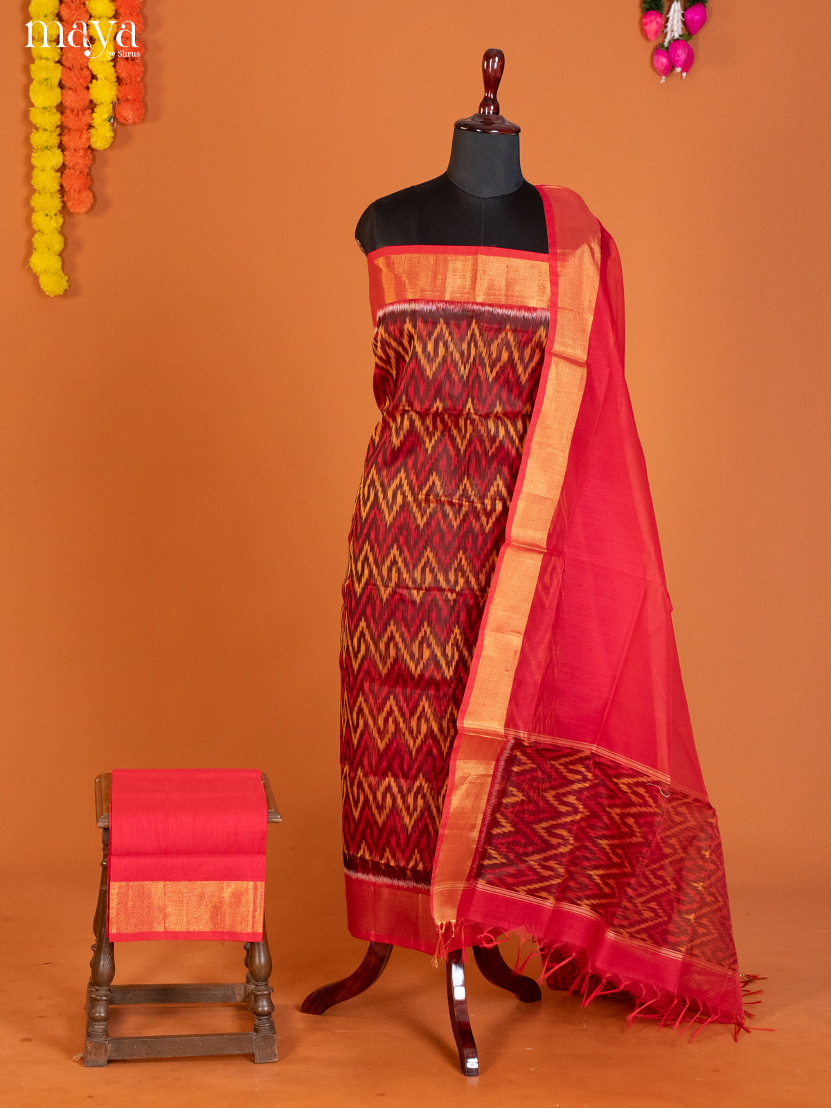 Maroon & Red-Pochampally Salwar Unstitch
