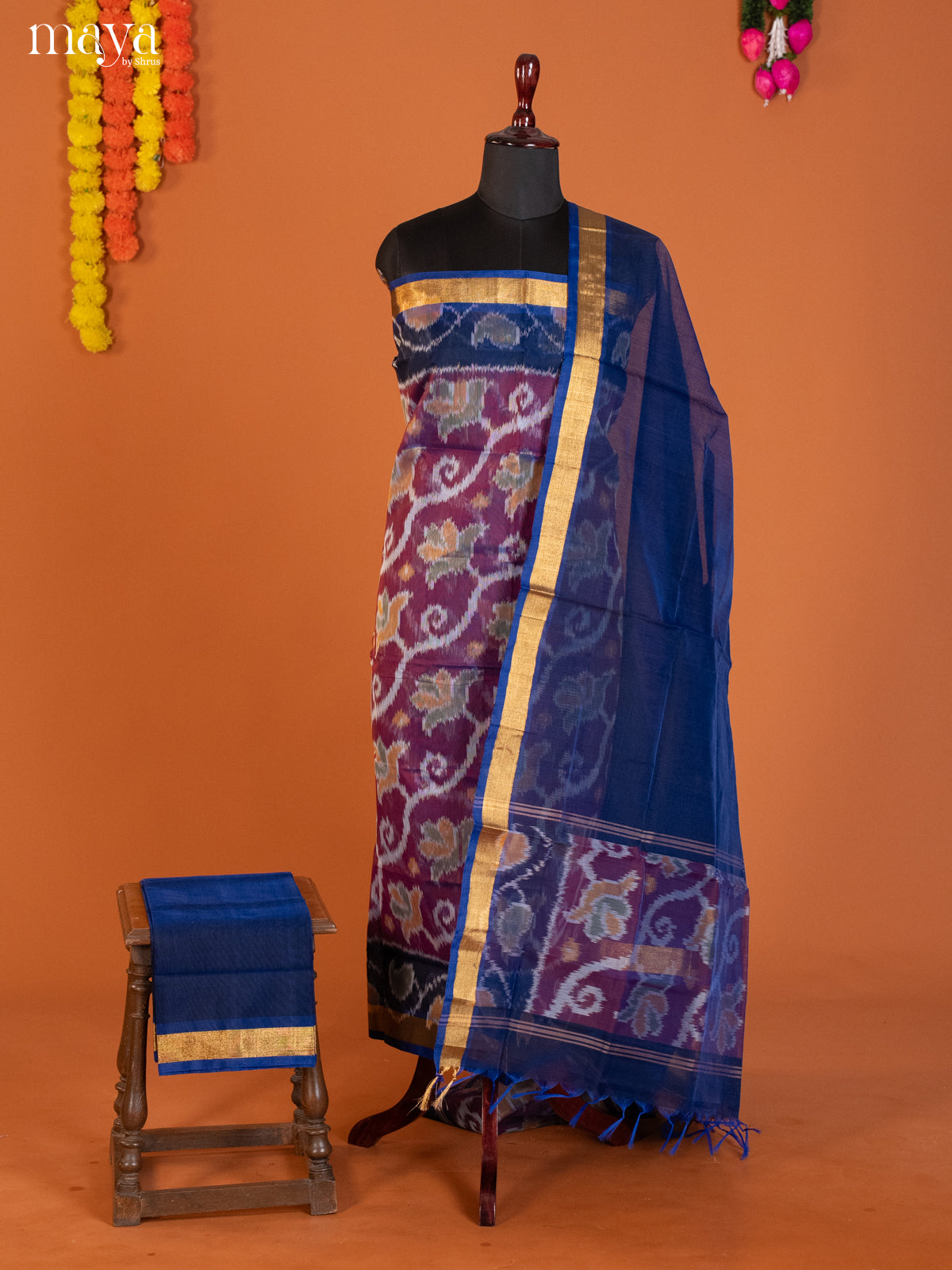 maroon & Blue-Pochampally Salwar Unstitch