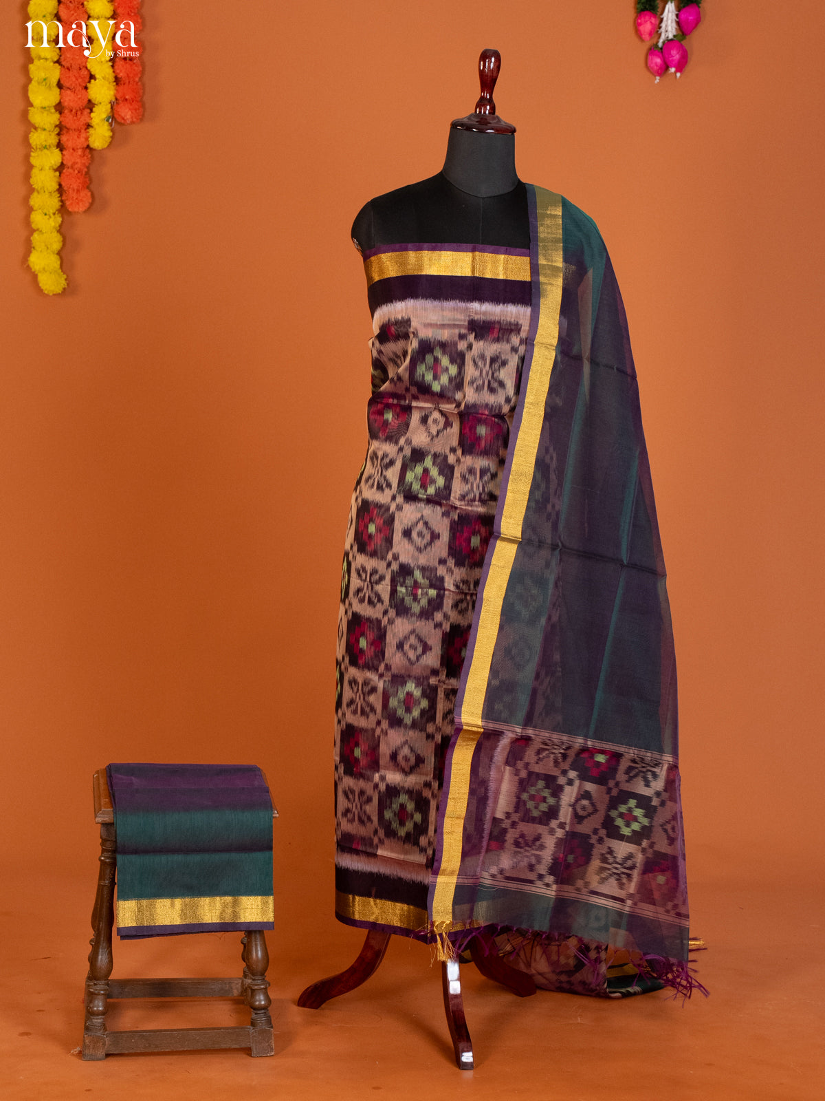 Pink & Green-Pochampally Salwar Unstitch