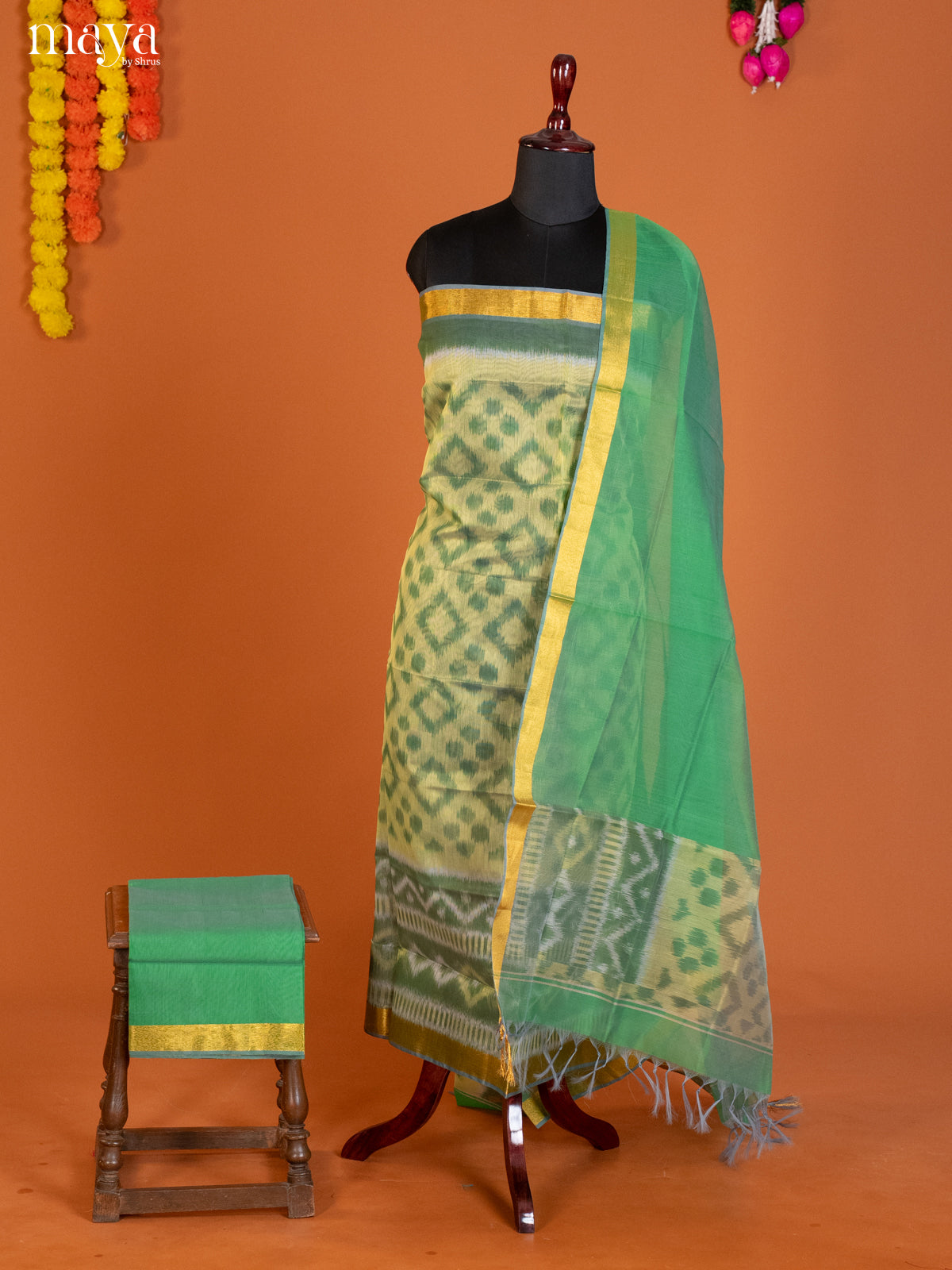 Light Green & Green -Pochampally Salwar Unstitch
