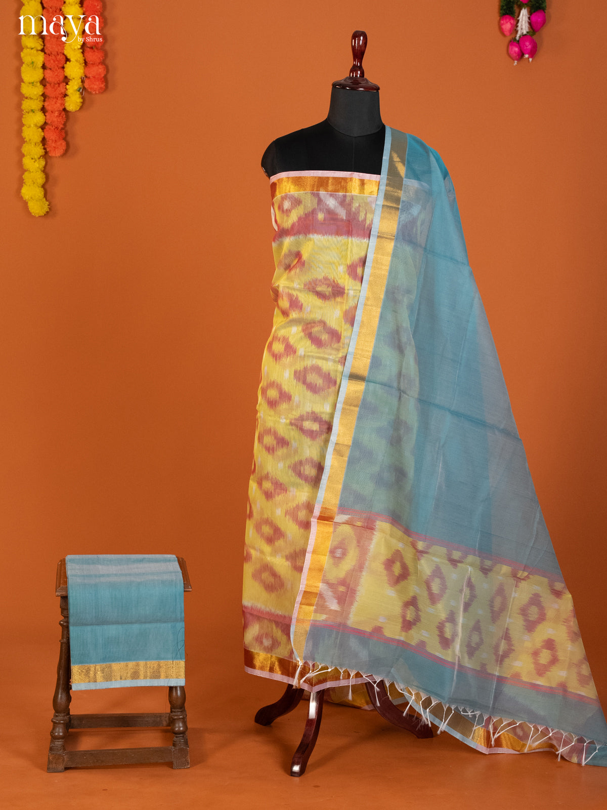 Yellow & Blue -Pochampally Salwar Unstitch