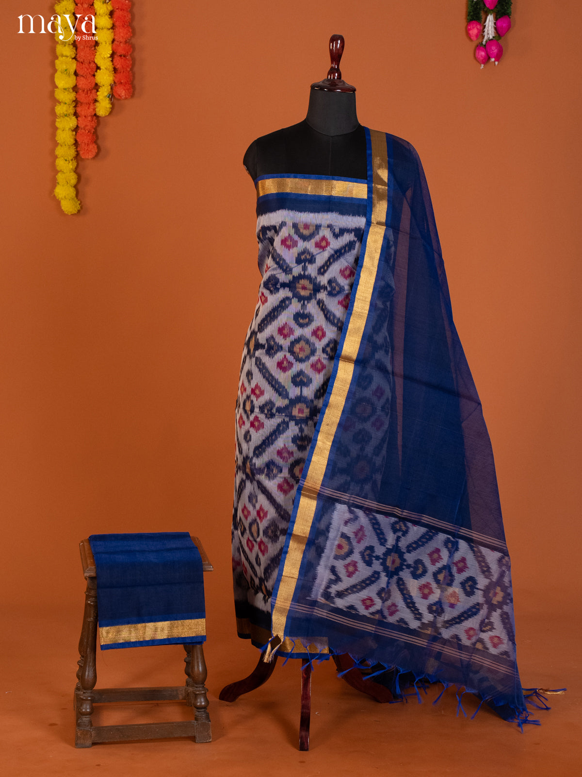 Light blue & Blue-Pochampally Salwar Unstitch