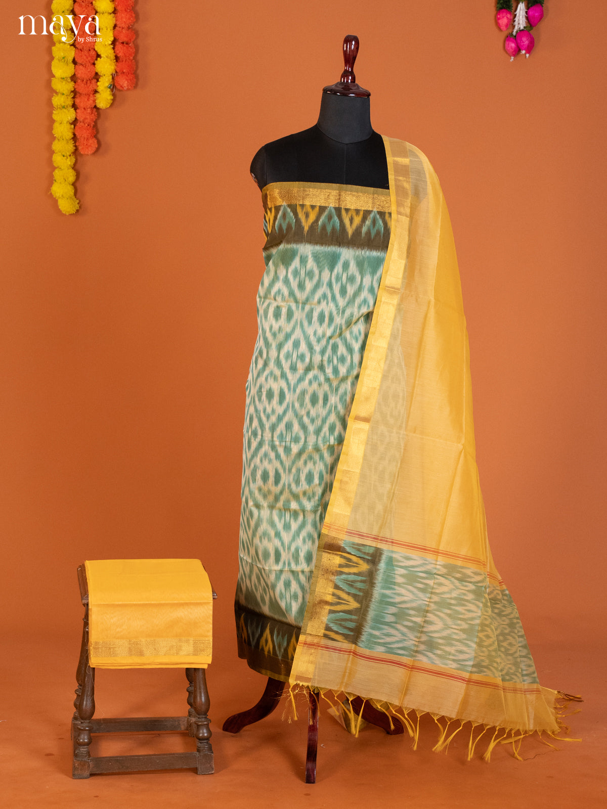 Green & Yellow-Pochampally Salwar Unstitch