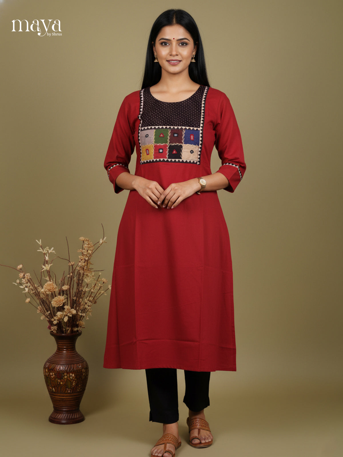 Red Cotton Cotton Readymade Kurti with mirror embroidered neck yoke - MDL31002