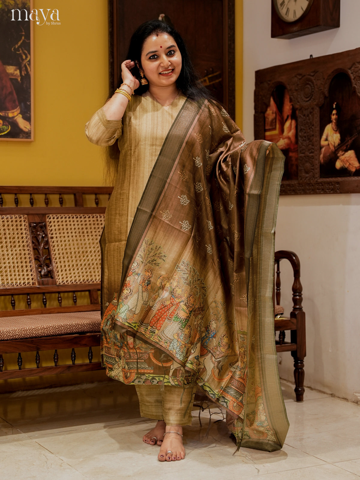 Charming Beige Semi Tussar Salwar Suit With Brown Dupatta