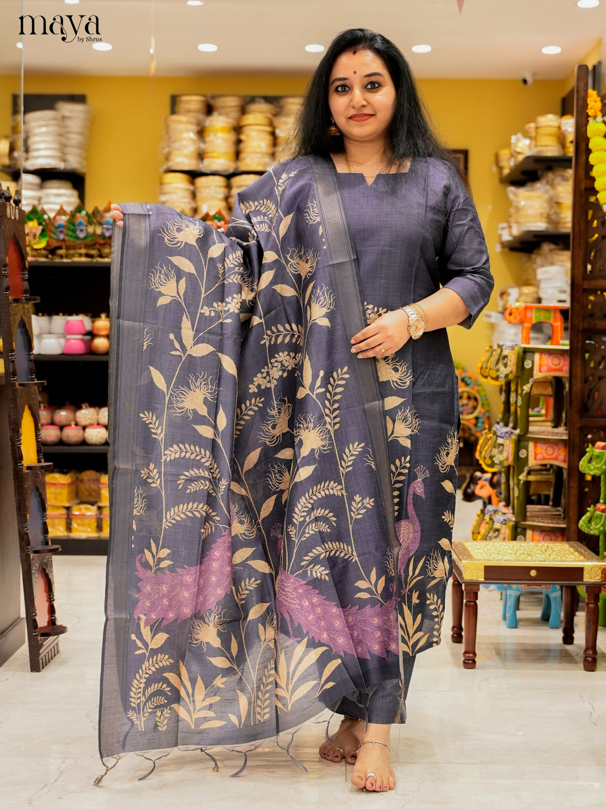 Pretty Navy Blue Salwar Suit In Semi Tussar Material With Peacock Motifs