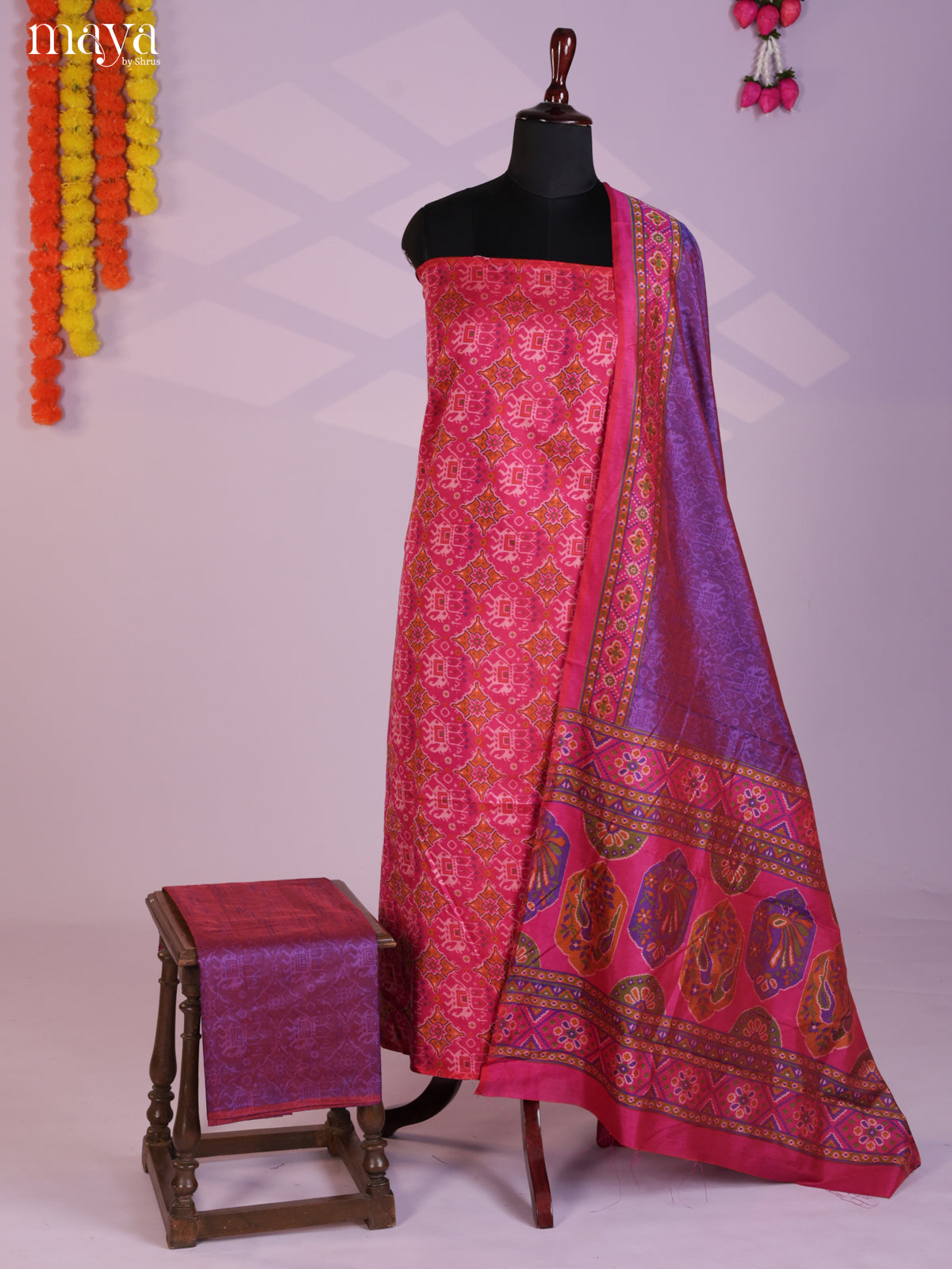 Pink & Purple Semi patola salwar unstitch with intricate floral print-MEA09001