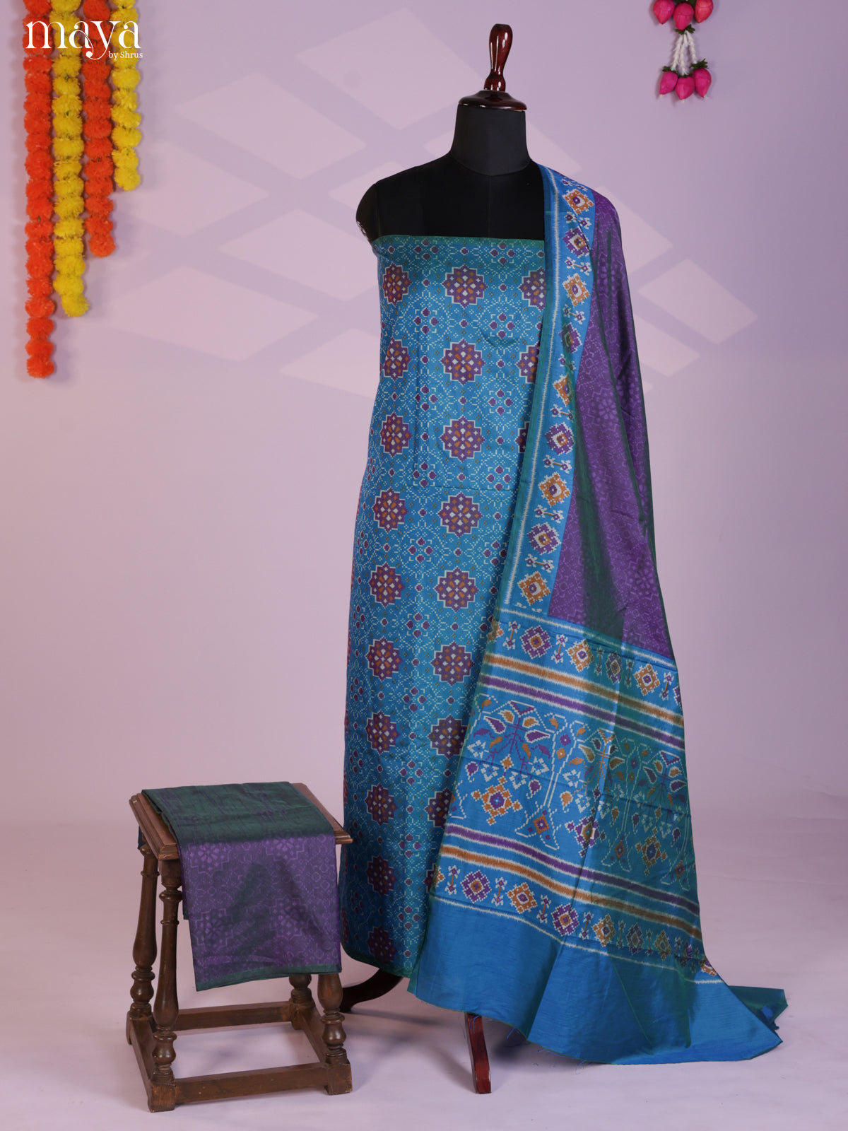 Blue & Purple Semi patola salwar unstitch with floral pattern - MEA09004