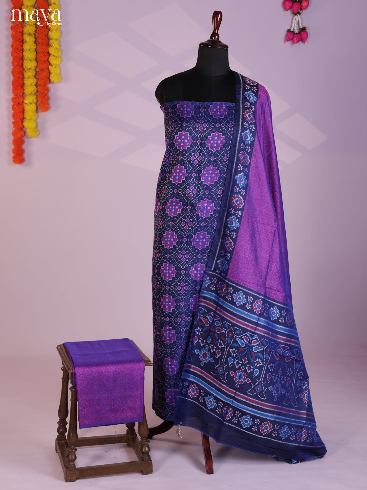 Blue & Purple Semi patola salwar unstitch with floral print -MEA09005