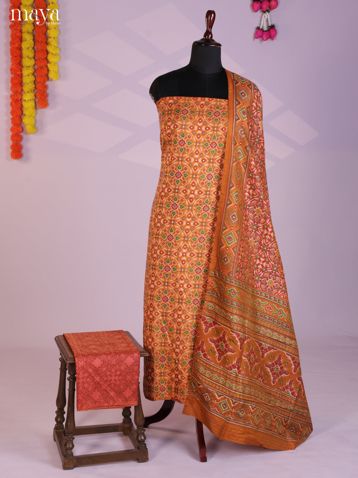 Mustard & Brick Semi patola salwar unstitch with floral pattern -MEA09008