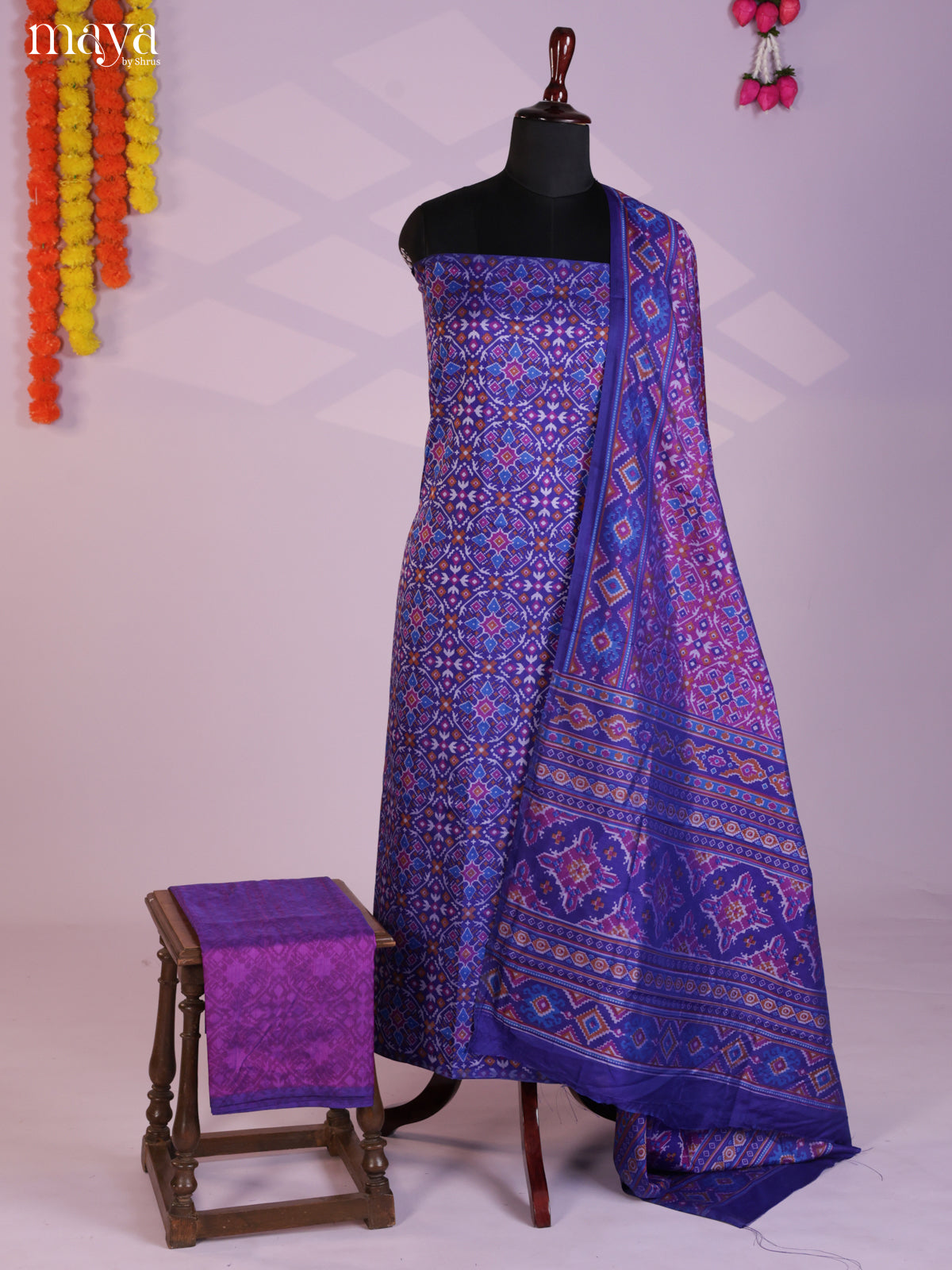 Blue & Purple Semi patola salwar unstitch with patola floral print MEA09009