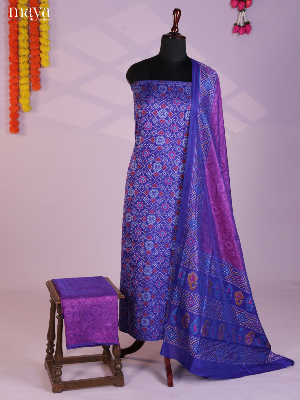 Blue & Purple Semi patola salwar unstitch with floral pattern - MEA09010