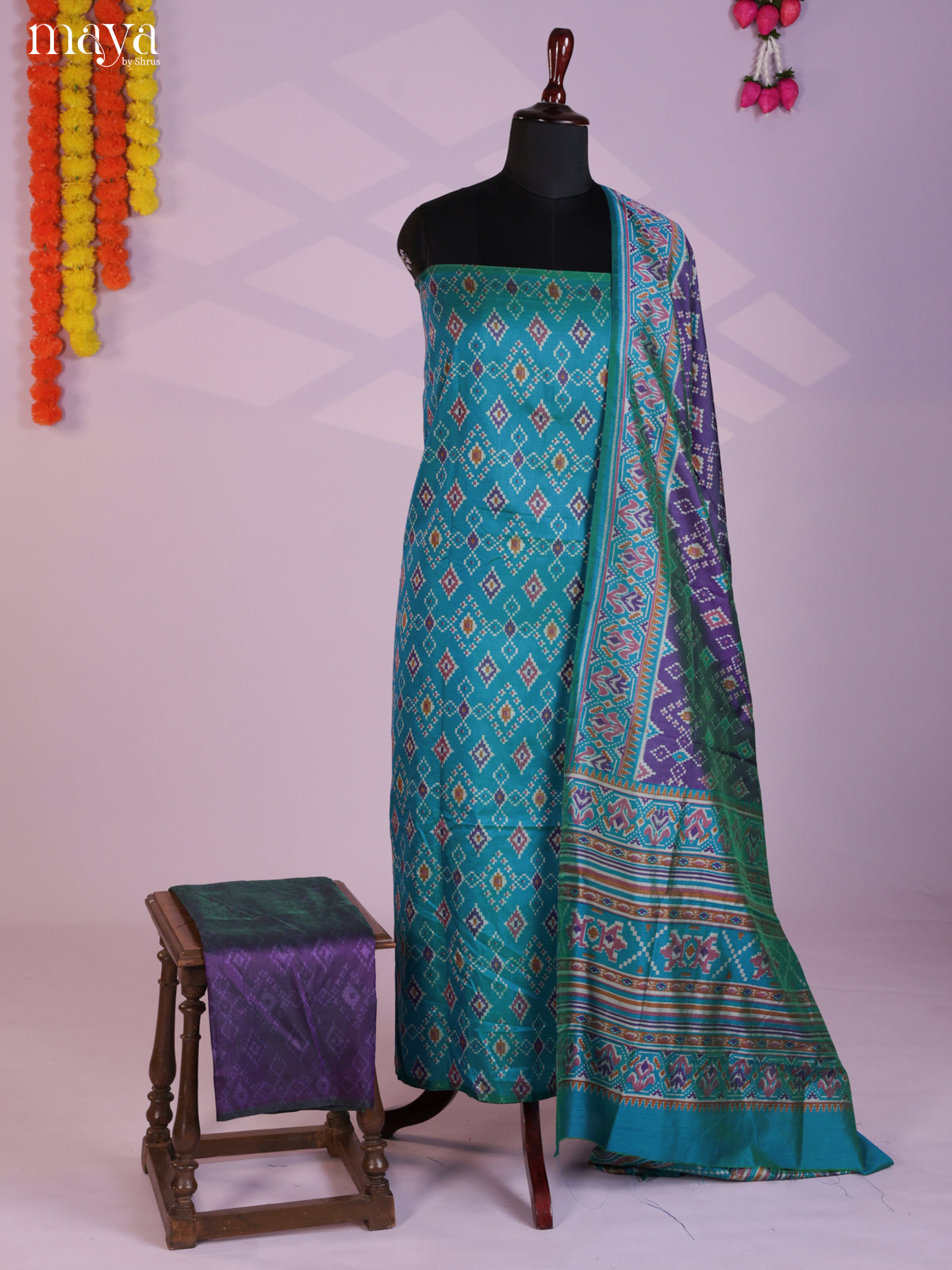 Blue & Purple Semi patola salwar unstitch with geometric print - MEA09011