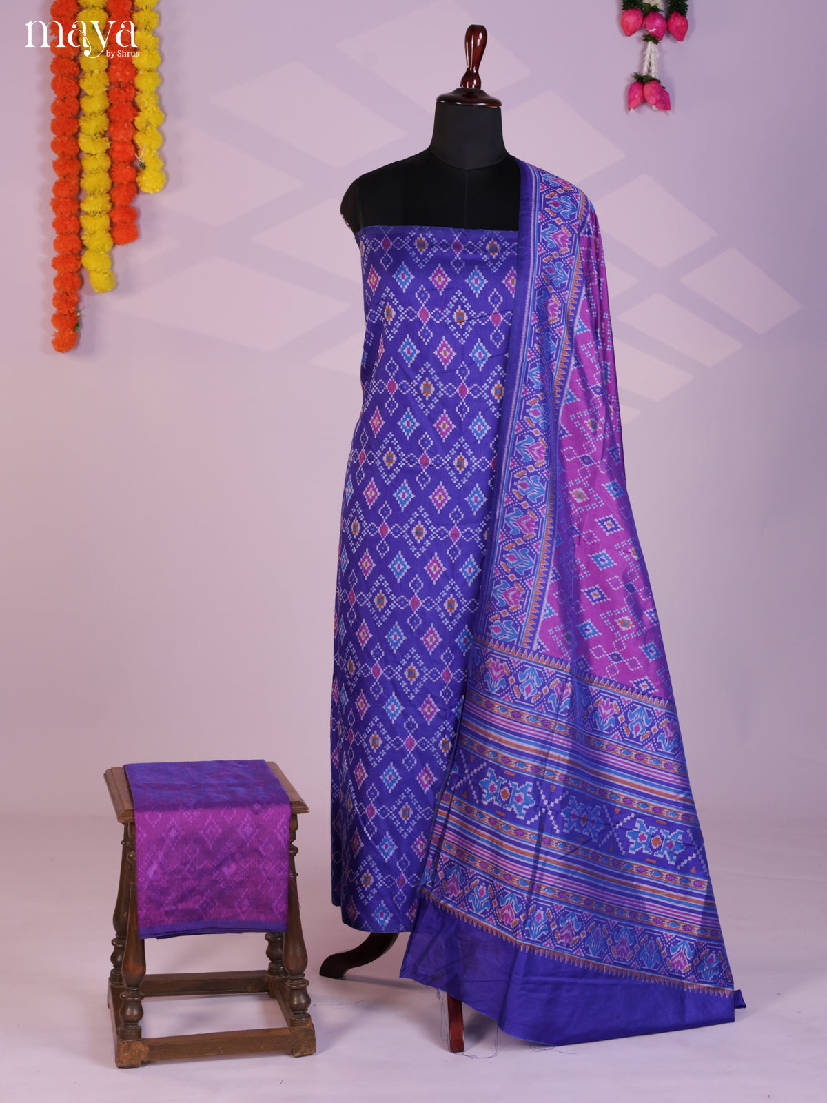 Blue & Purple Semi patola salwar unstitch with floral pattern -MEA09012