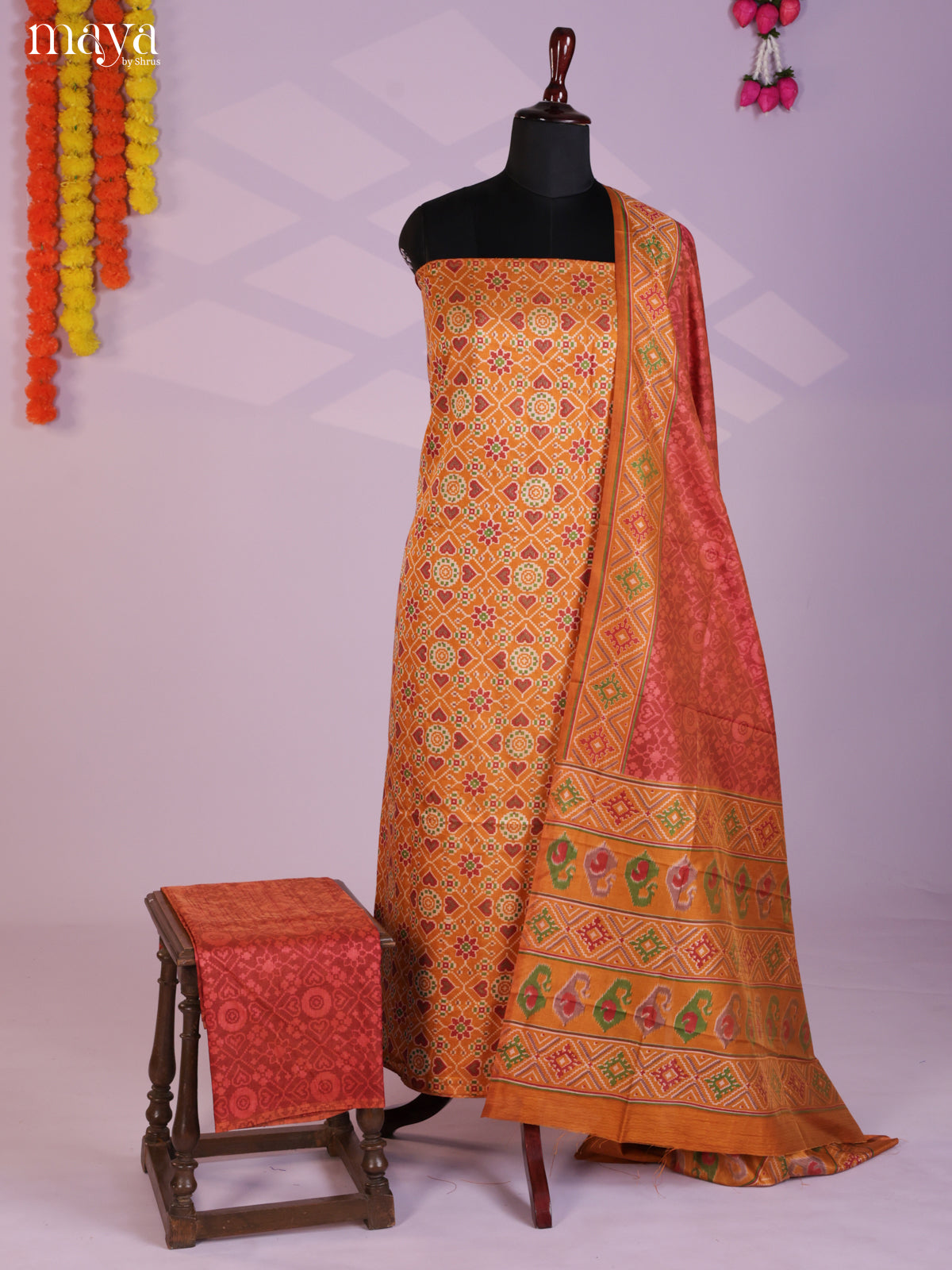 Mustard & Brick Semi patola salwar unstitch with floral pattern - MEA09016
