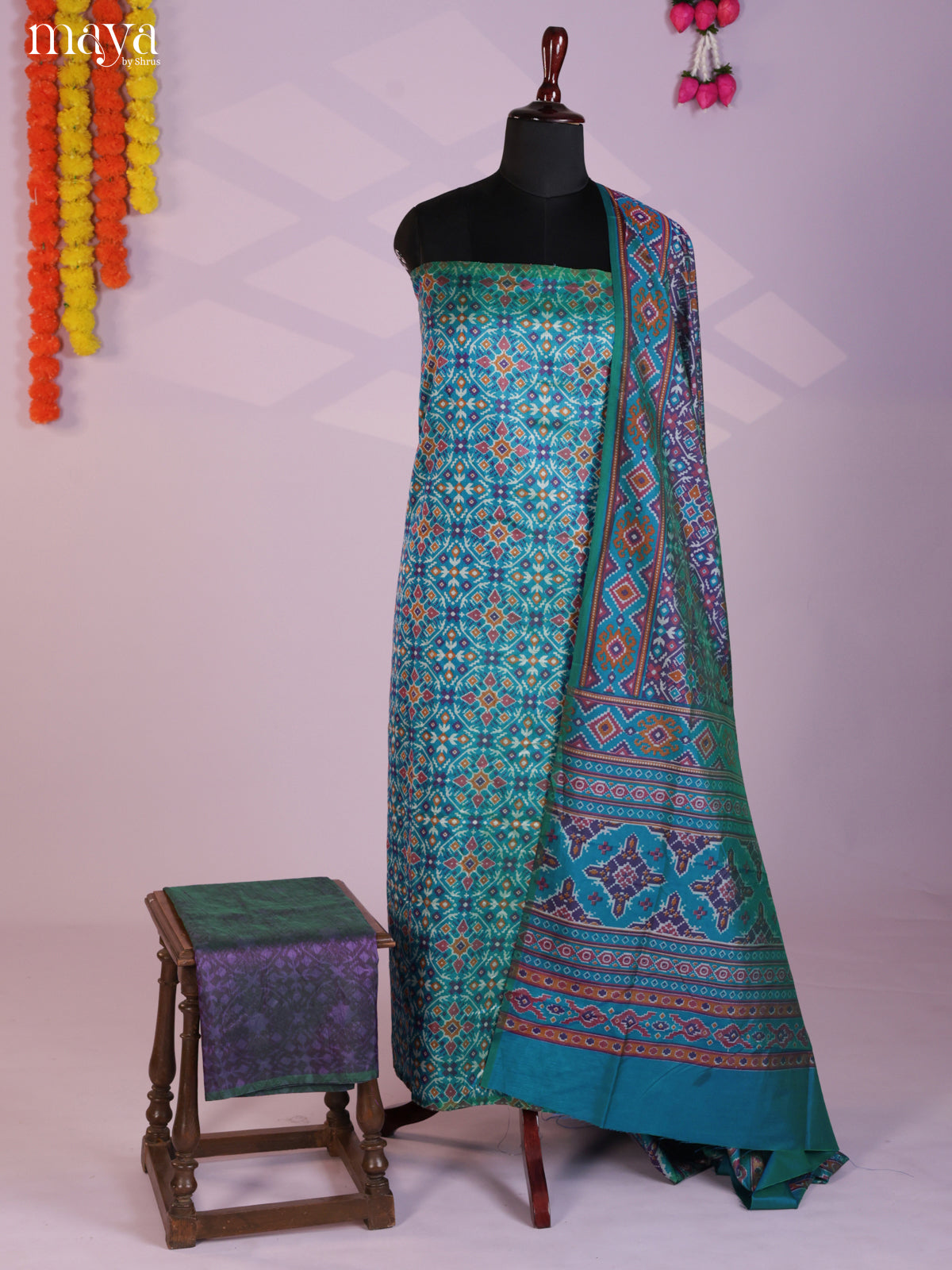 Blue & Purple Semi patola salwar unstitch with floral prints -MEA09018