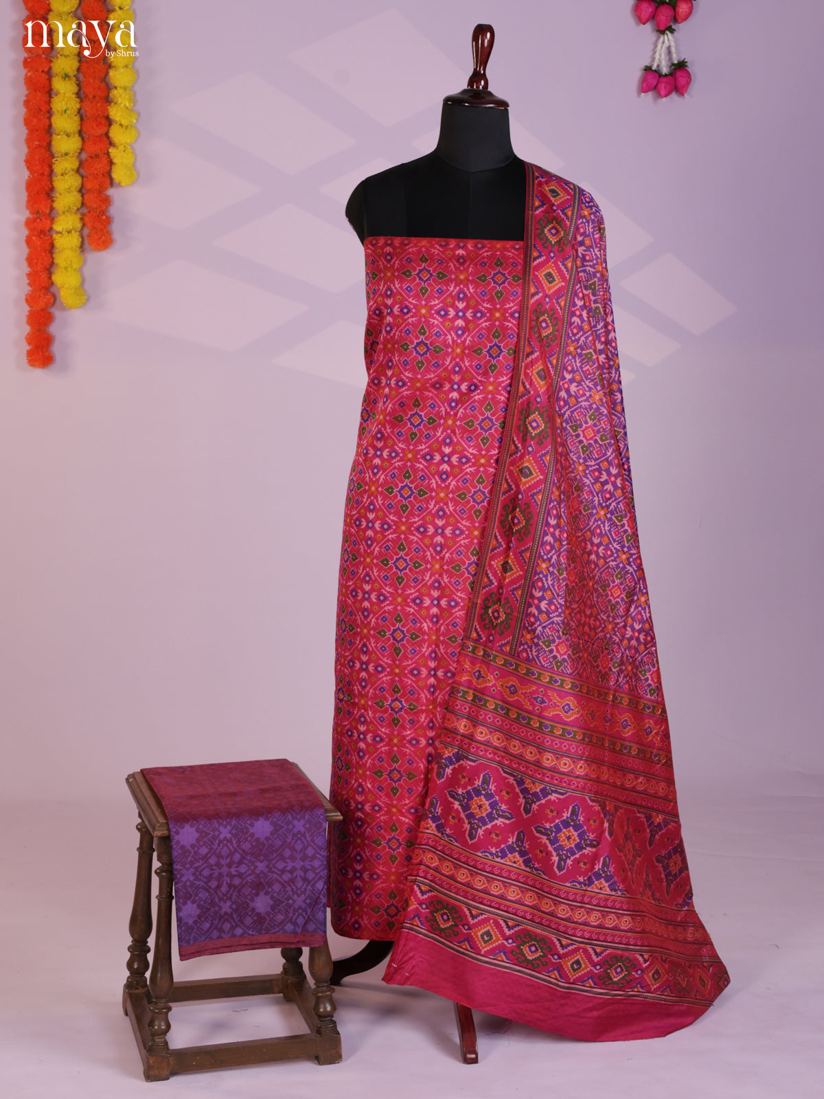 Pink & Purple Semi patola salwar unstitch with patola floral prints- MEA09024