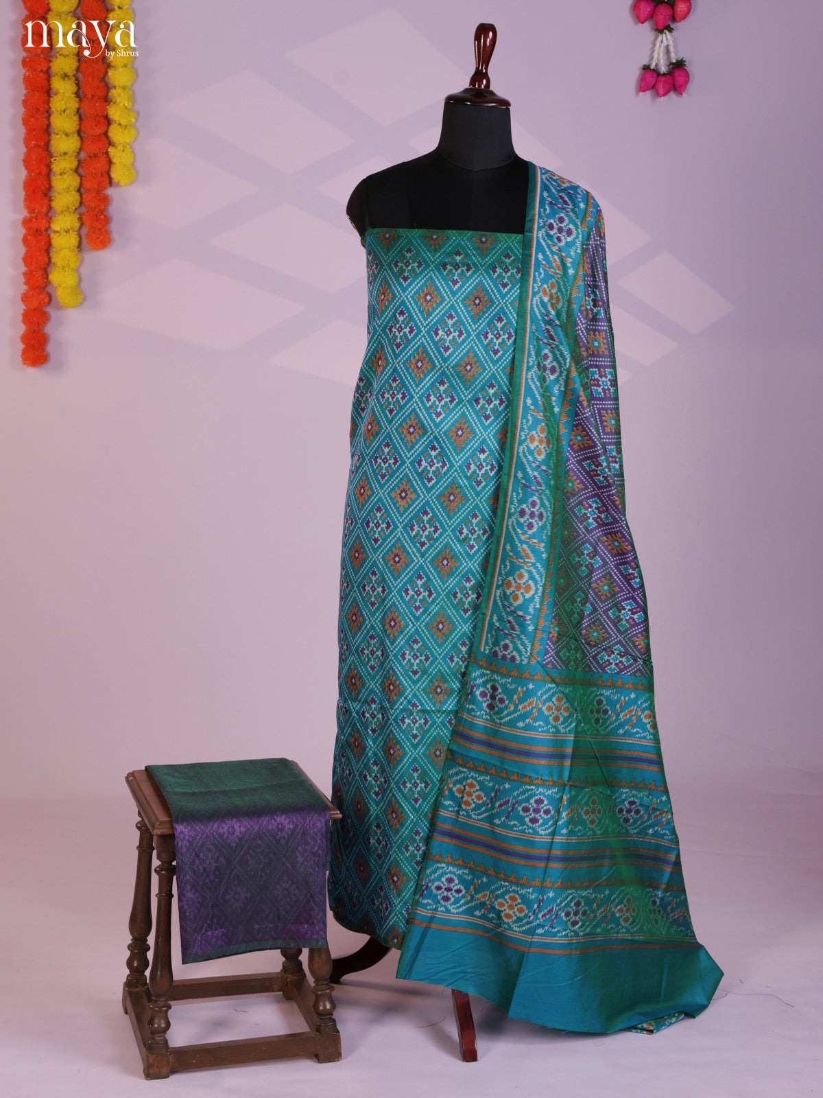 Blue & Purple Semi patola salwar unstitch with patola floral prints -MEA09025