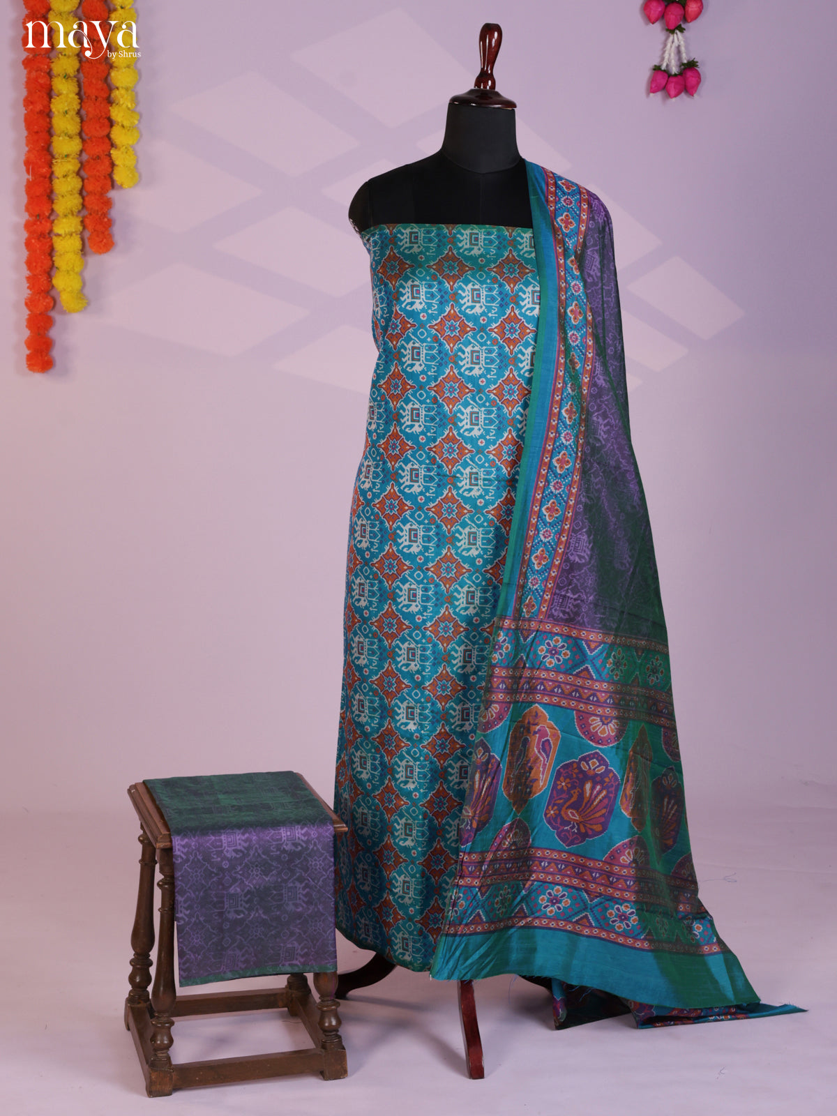 Blue & Purple Semi patola salwar unstitch with patola elephant motifs - MEA09028