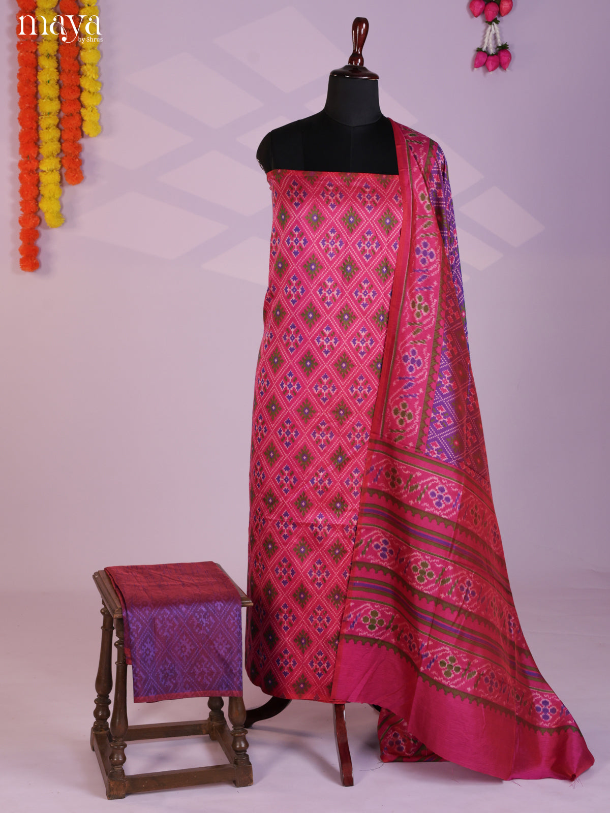 Pink & Purple Semi patola salwar unstitch with patola floral print -MEA09032